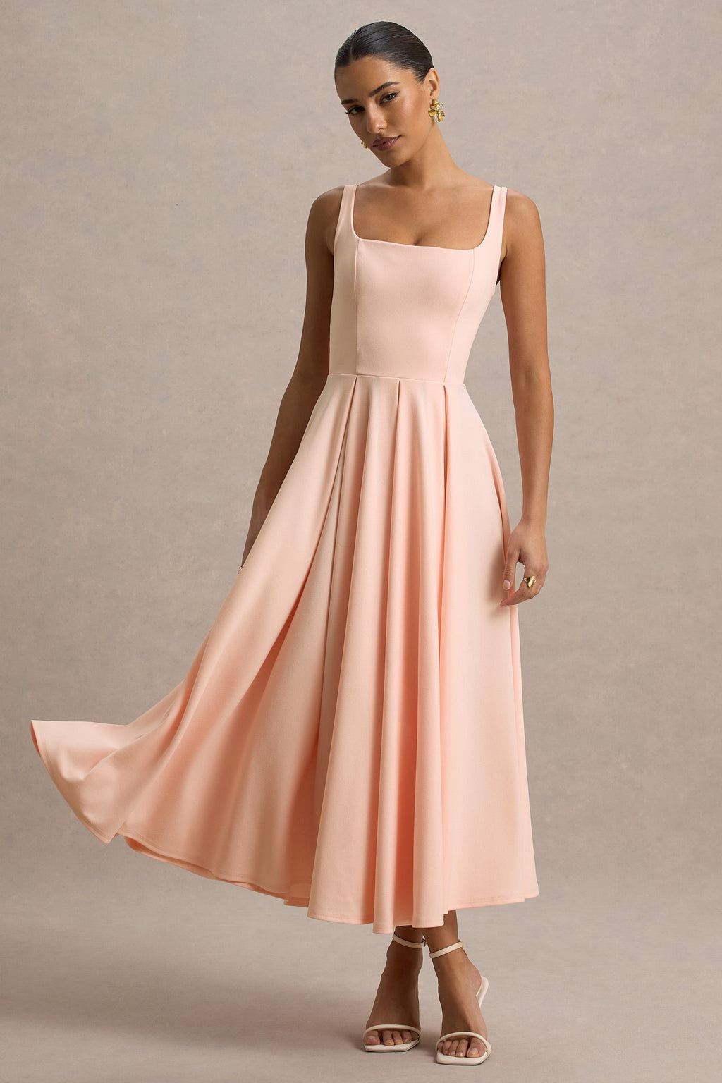 Parina | Pink Strappy Volume-Hem Midi Dress