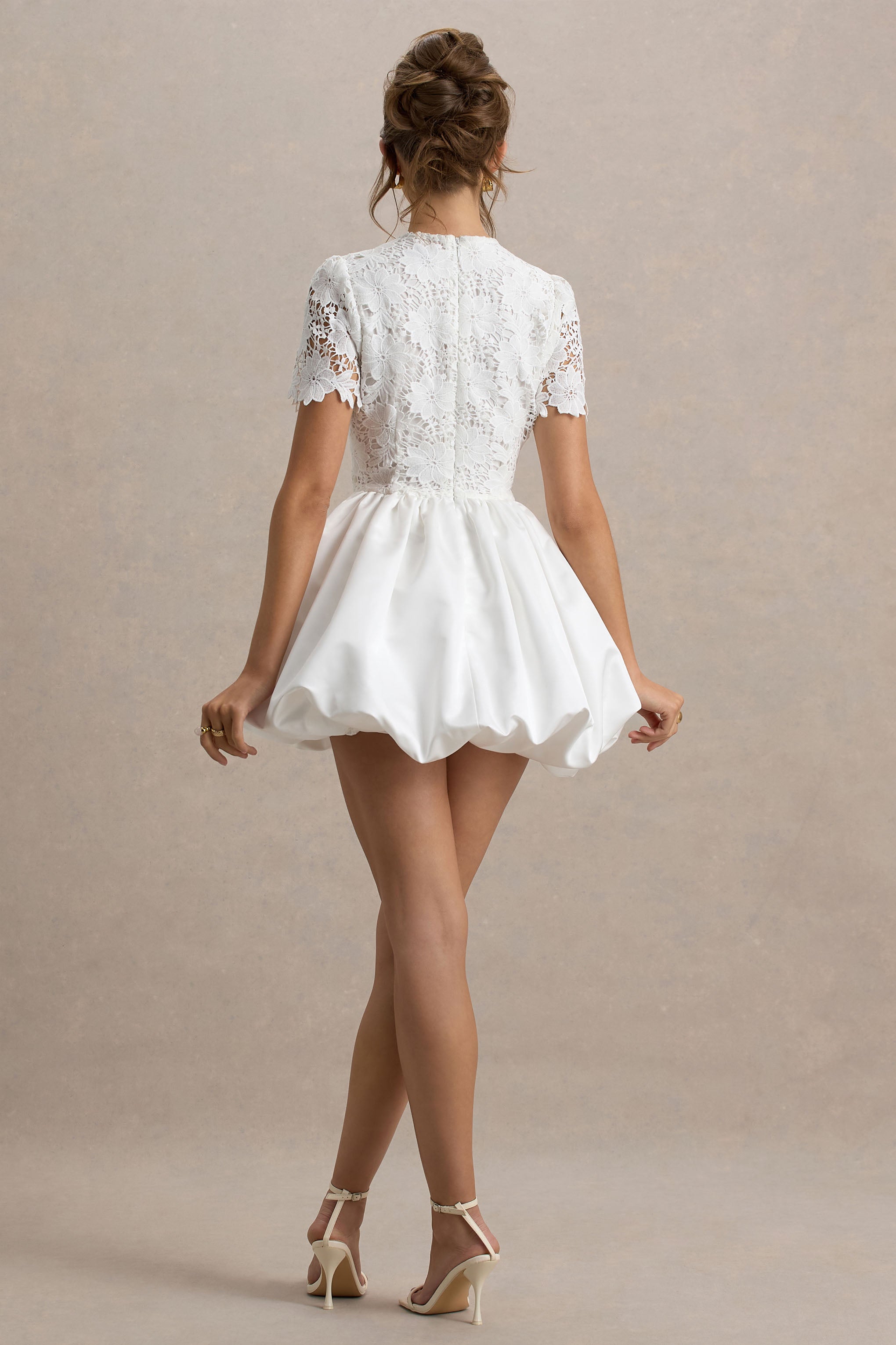 Taffy | White Lace Mini Dress With Satin Puffball Skirt