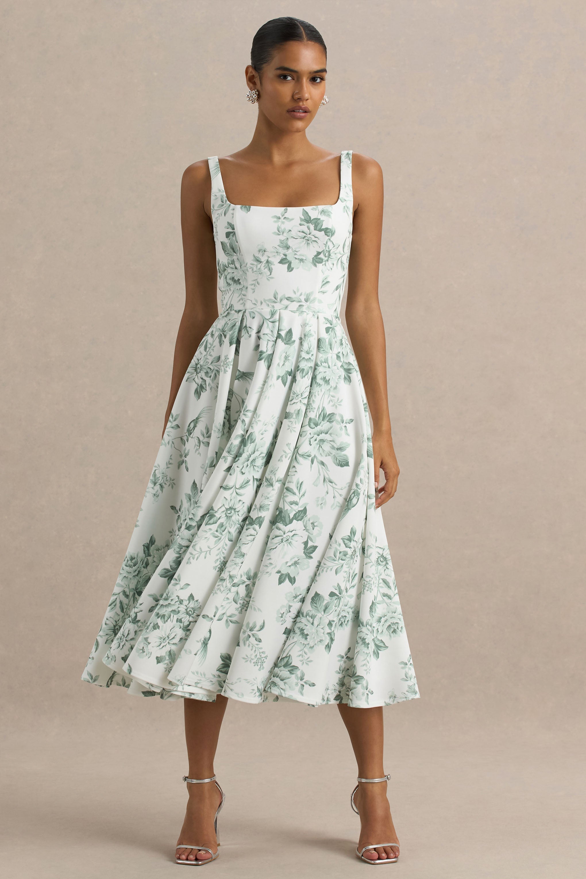Lissa | Green Porcelain Print Square-Neck Midi Dress