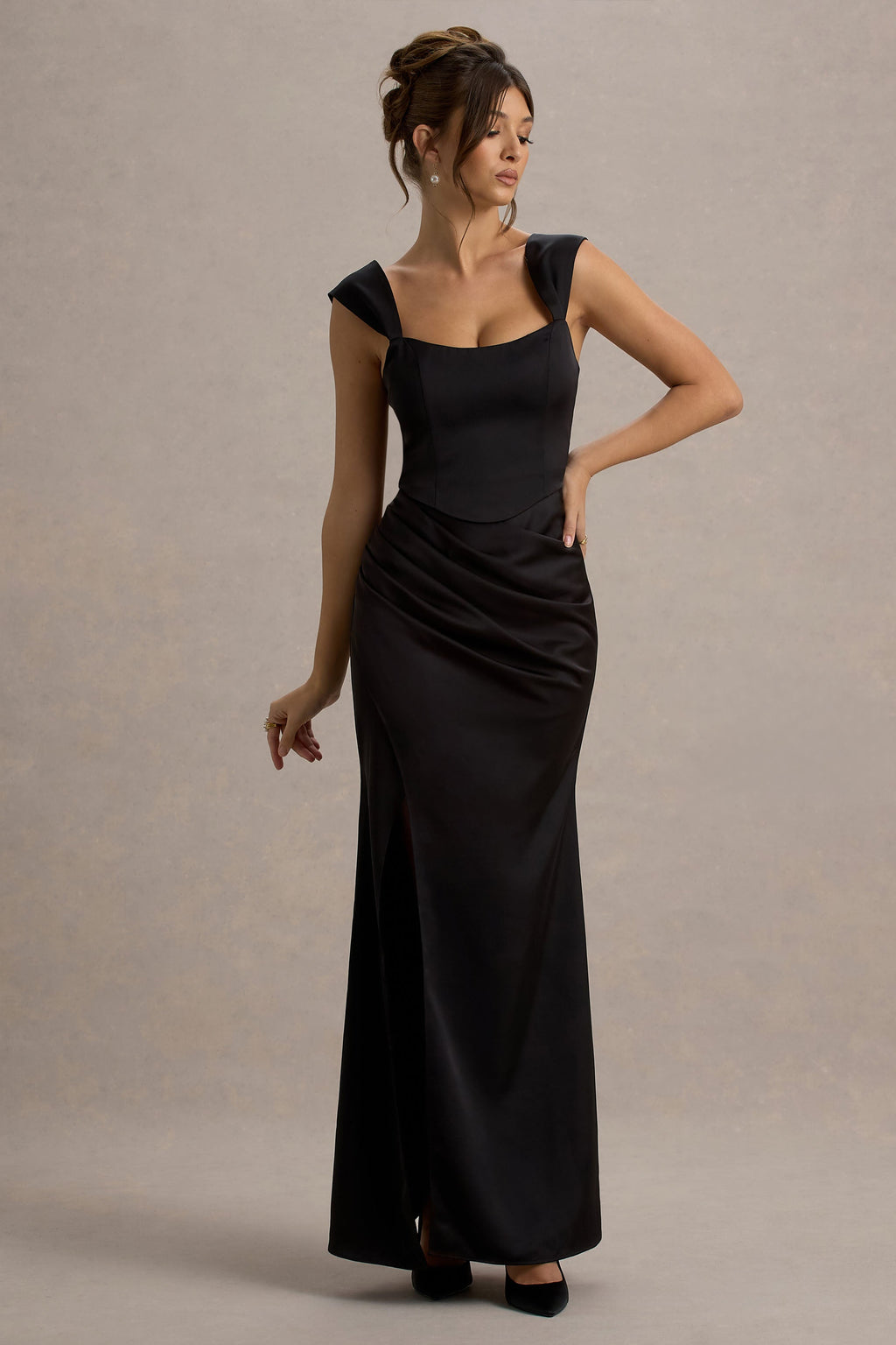 Admire | Black Satin Corset Wrap Maxi Dress