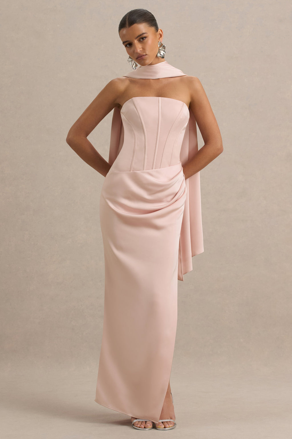 Joseline | Pale Pink Satin Corset Wrap Maxi Dress With Scarf