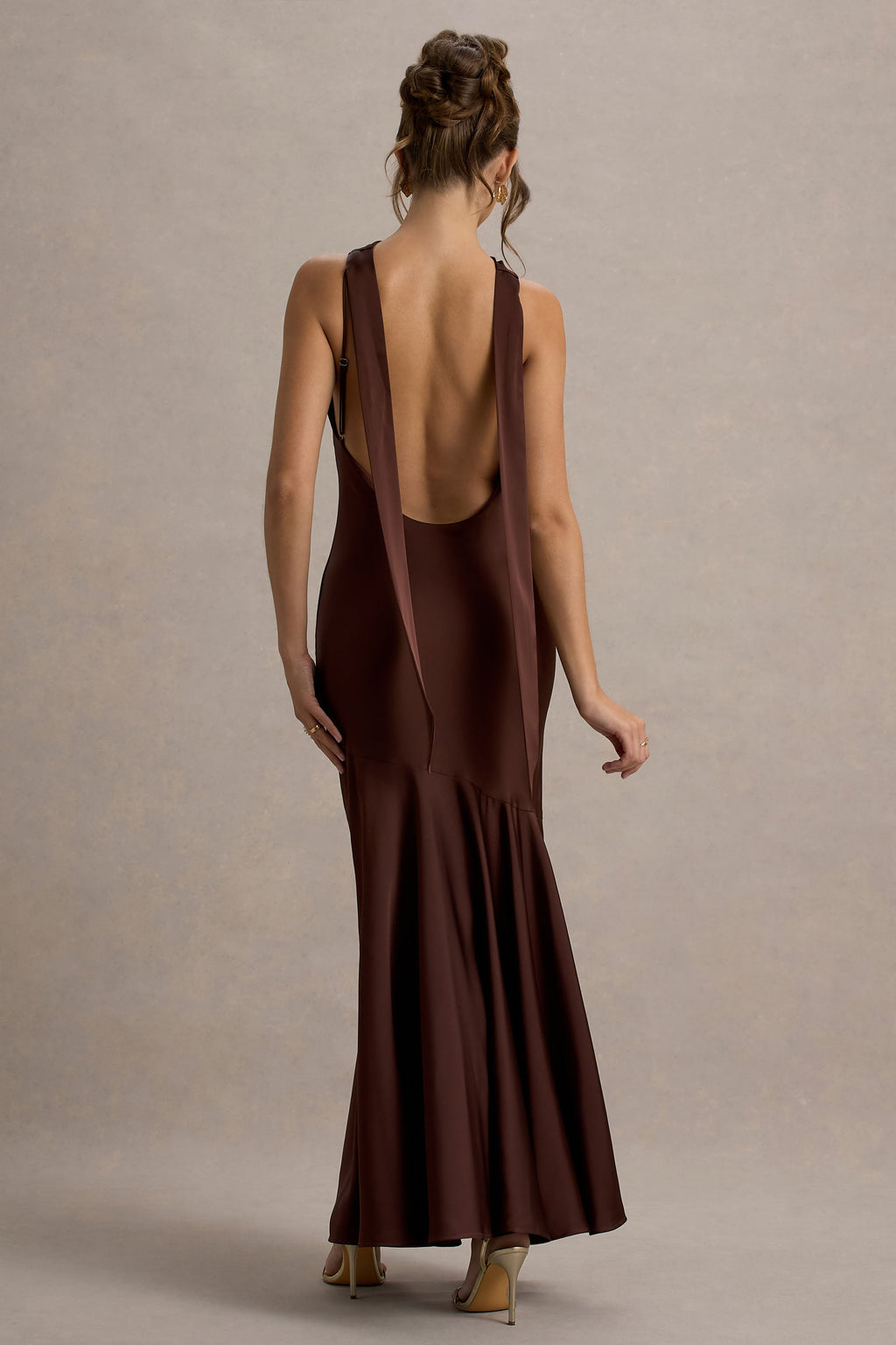 Amelita | Brown Satin Cowl-Neck Maxi Dress