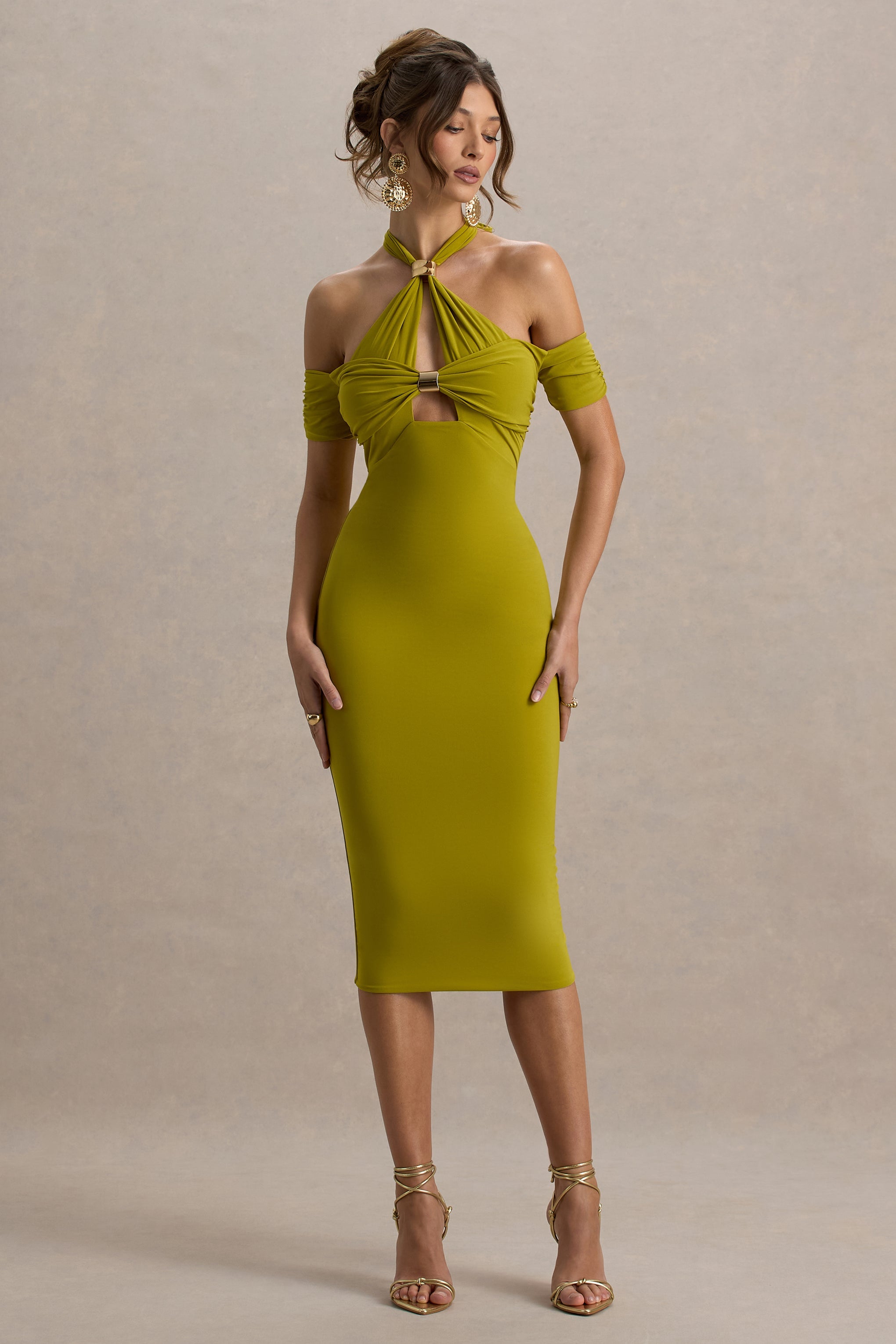 Selvina | Green Cut-Out Halter-Neck Midi Dress