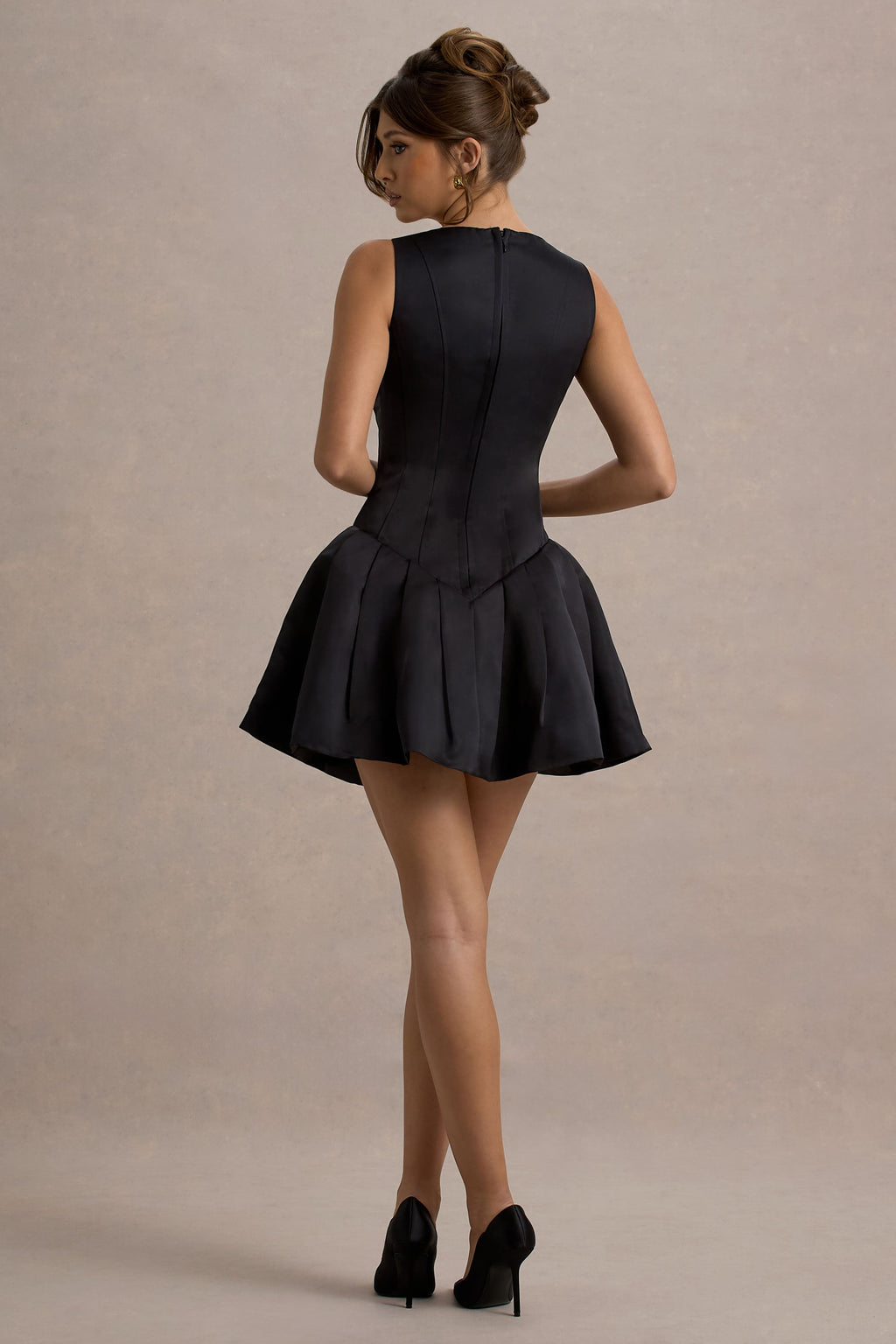 Bramble | Black Satin Square-Neck Puffball Mini Dress