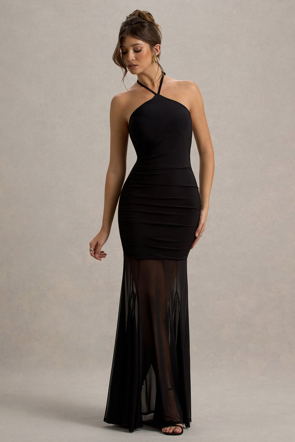 Sonya | Black Halter-Neck Maxi Dress With Mesh Skirt