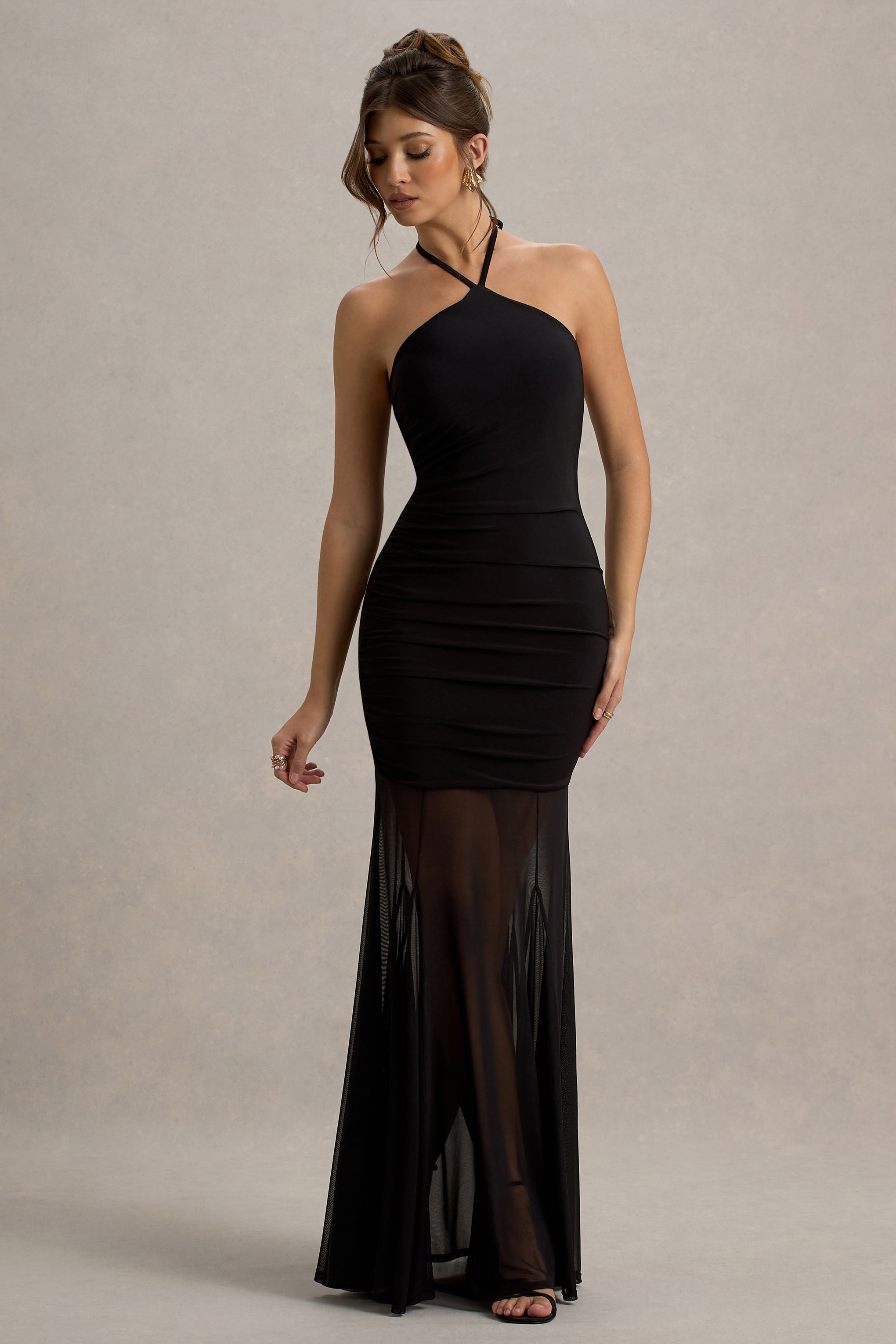 Sonya | Black Halter-Neck Maxi Dress With Mesh Skirt