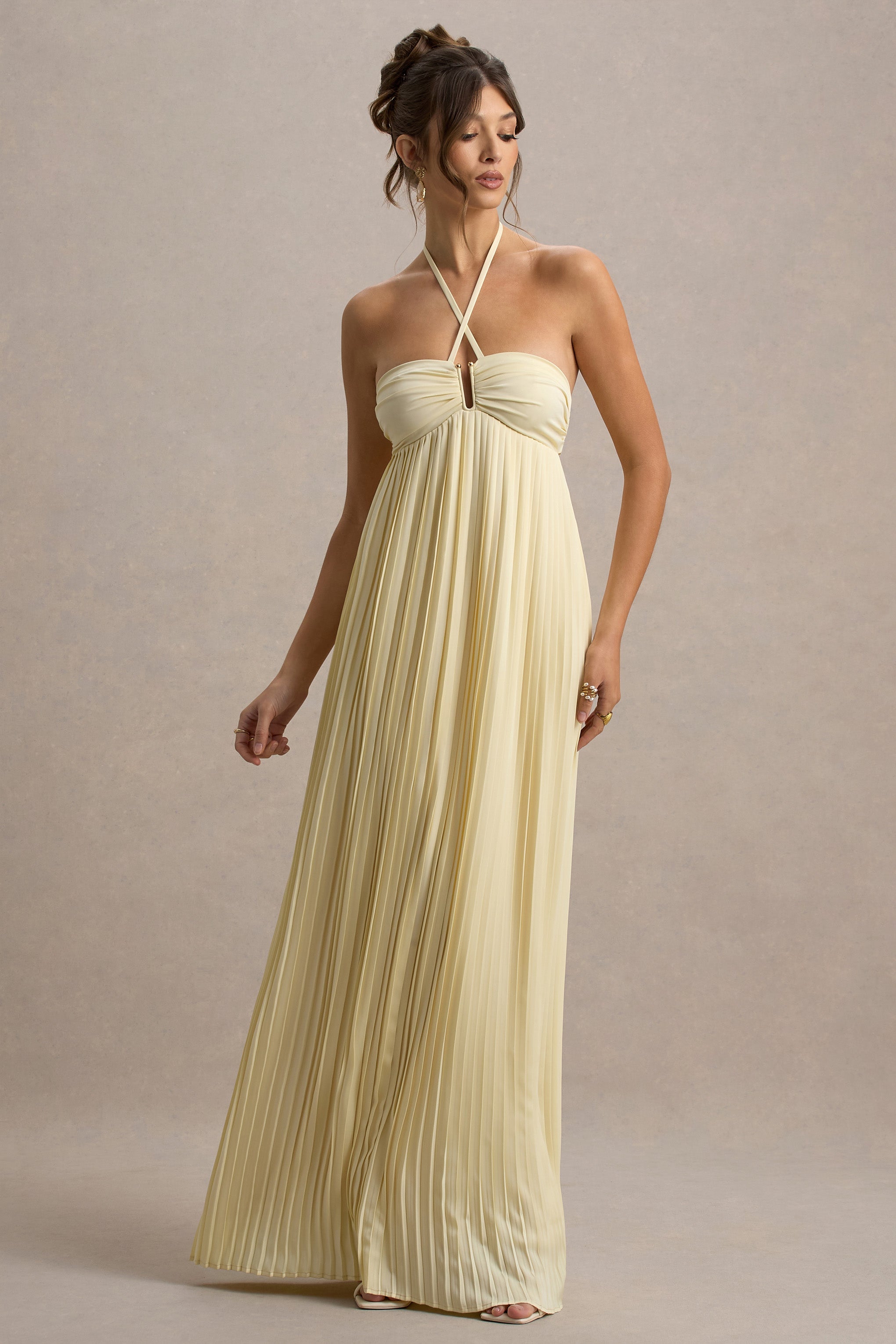 Elayne | Pale Lemon Halter-Neck Maxi Dress With Cut-Out Detail