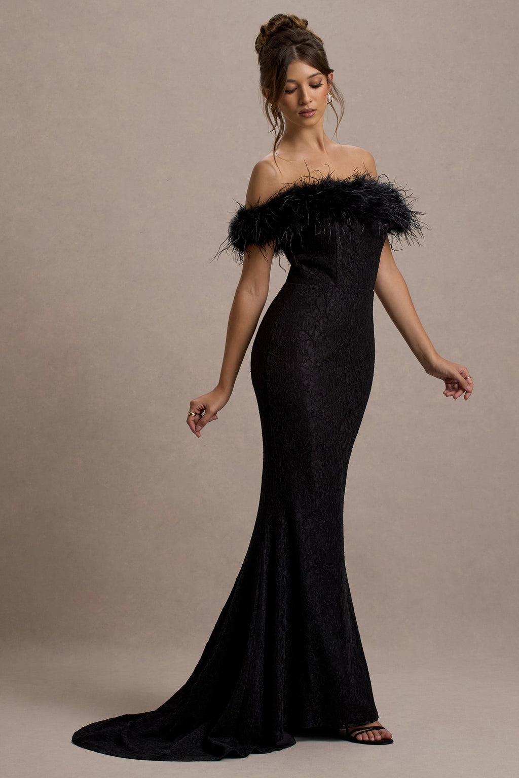 Idyll | Black Lace Bardot Feather Fishtail Maxi Dress