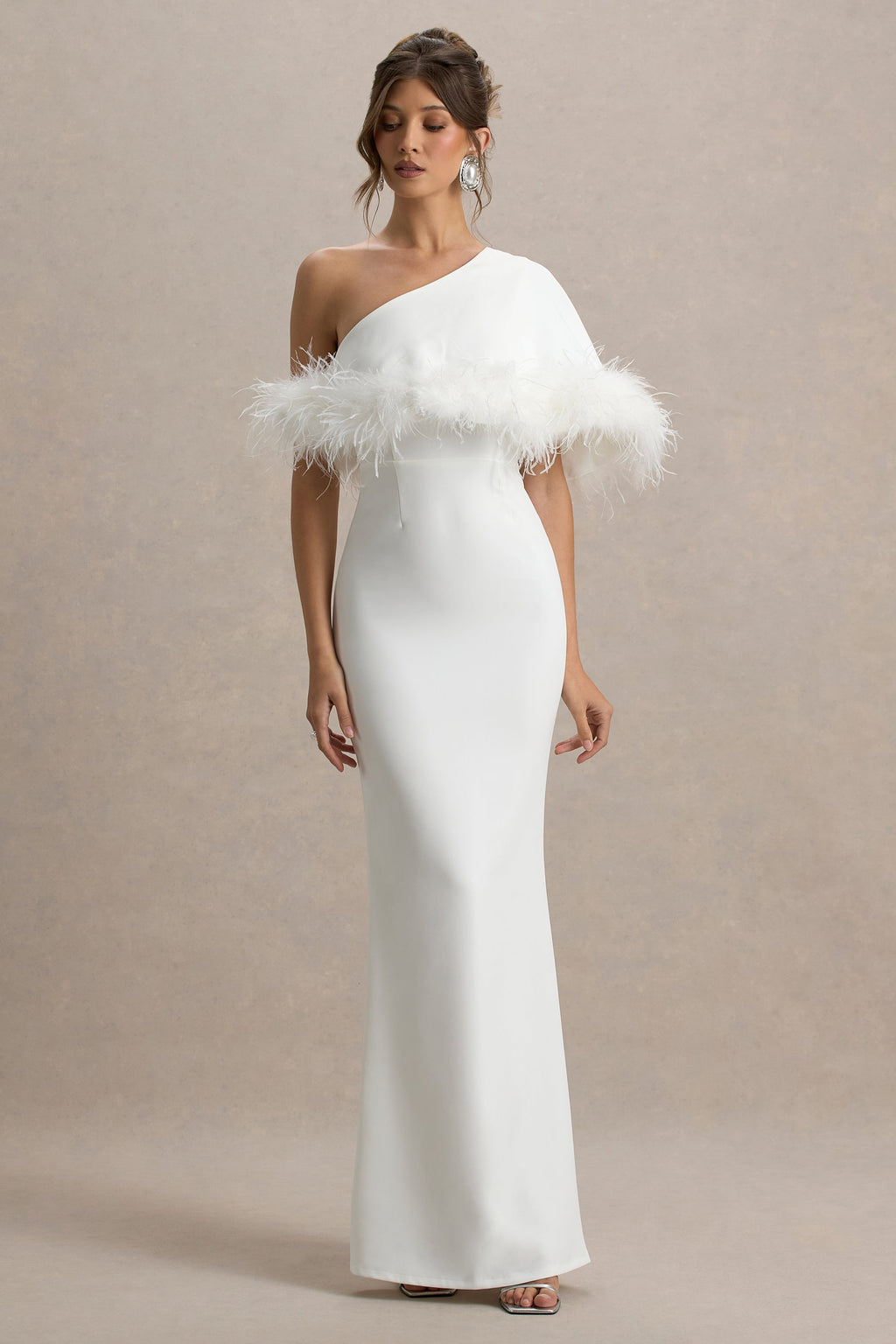 Valor | White Asymmetric Maxi Dress With Feather Trim
