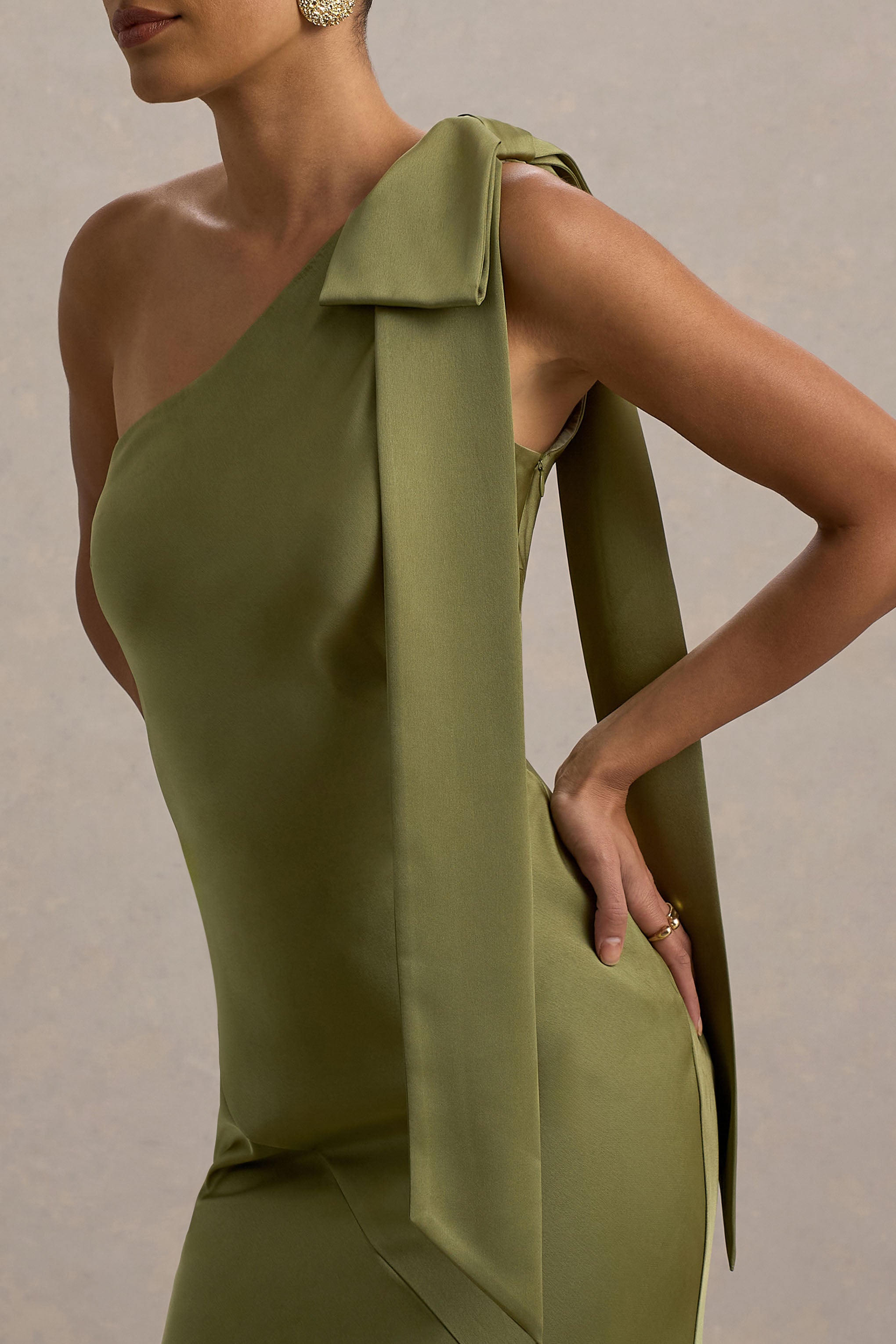 Here For Love | Khaki Satin Asymmetric Maxi Dress With Bow
