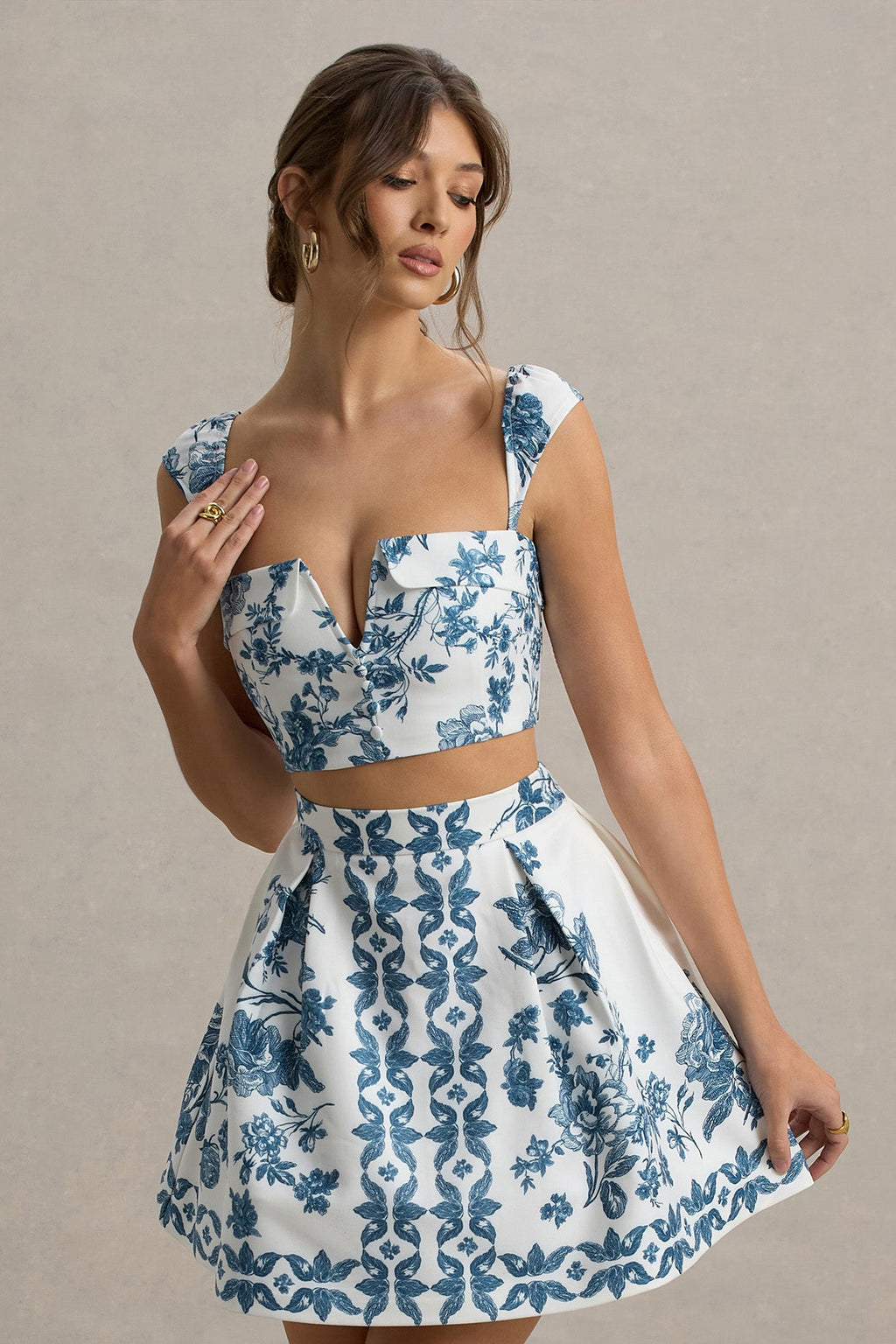 Locklea | Blue Porcelain Print Notched Crop Top