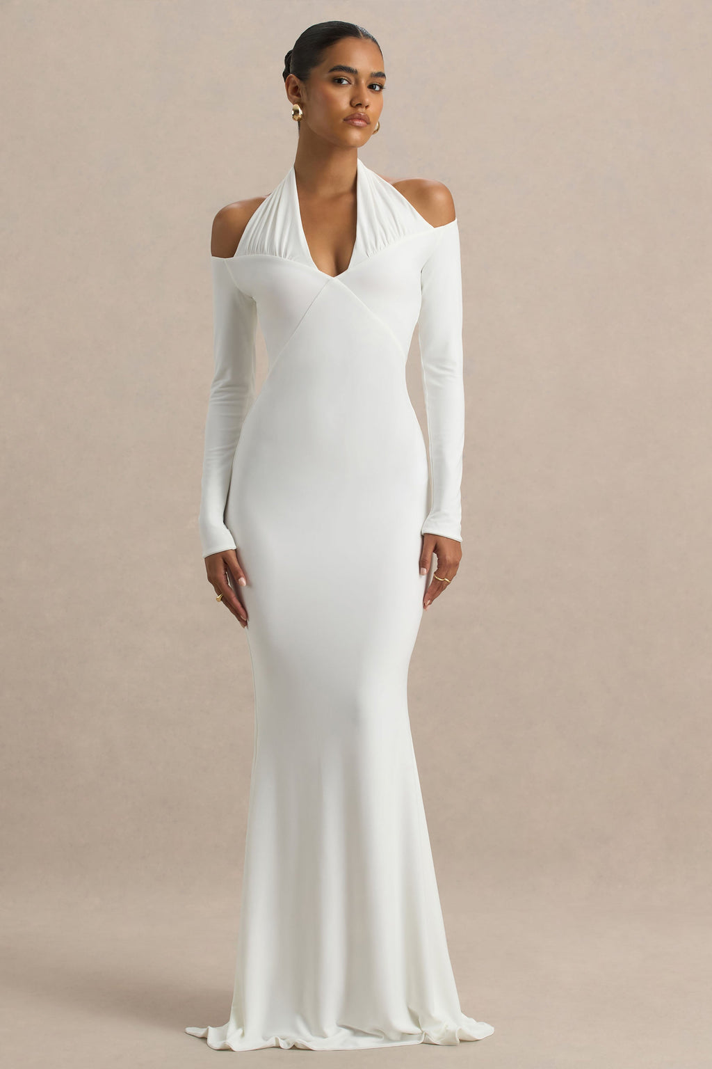 Living High | White Halter-Neck Maxi Dress With Long Sleeves