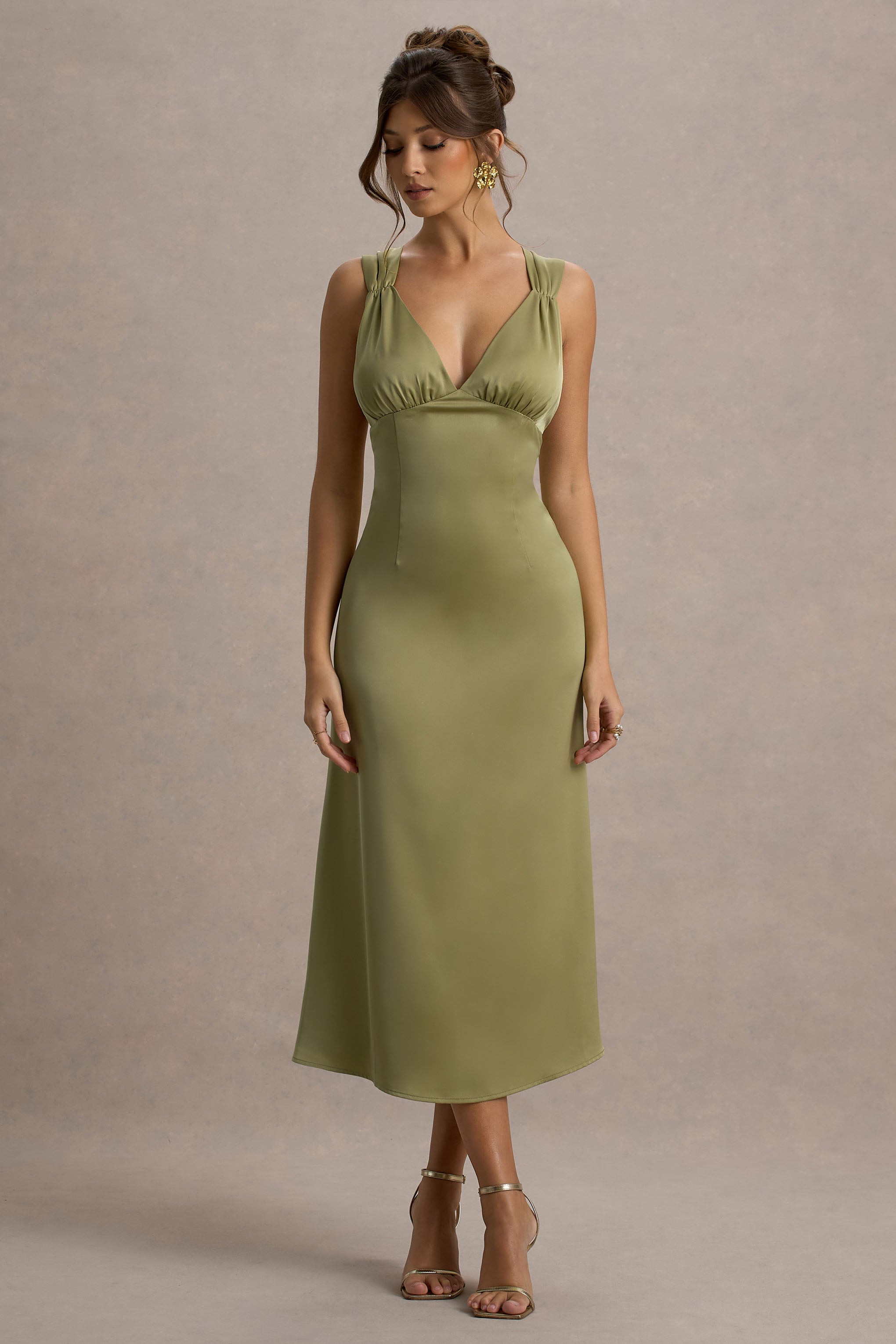 Beck | Light Green Satin Plunge-Neck Cross-Back Midi Dress
