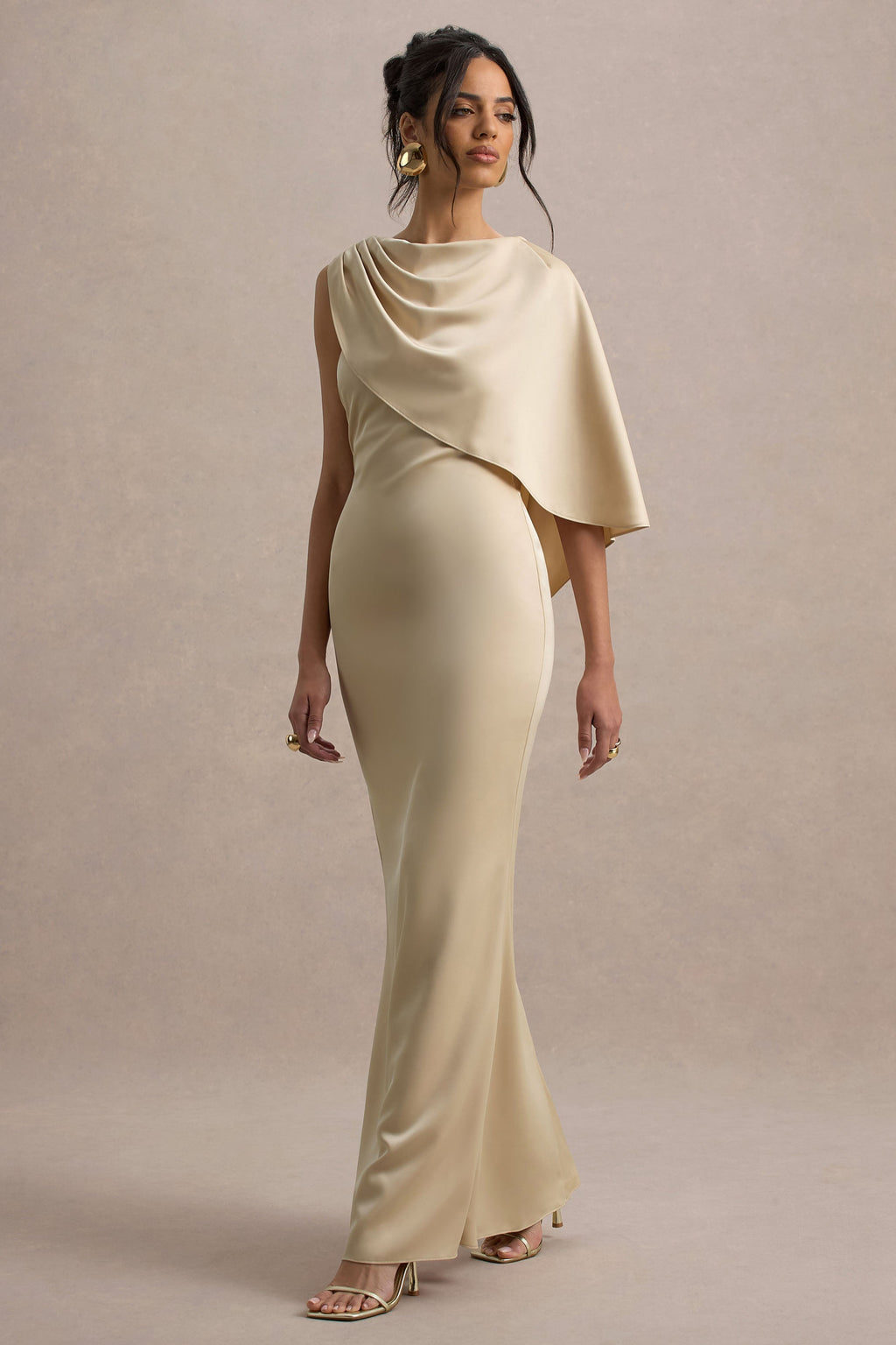 Ambra | Champagne Satin One-Shoulder Cape Maxi Dress