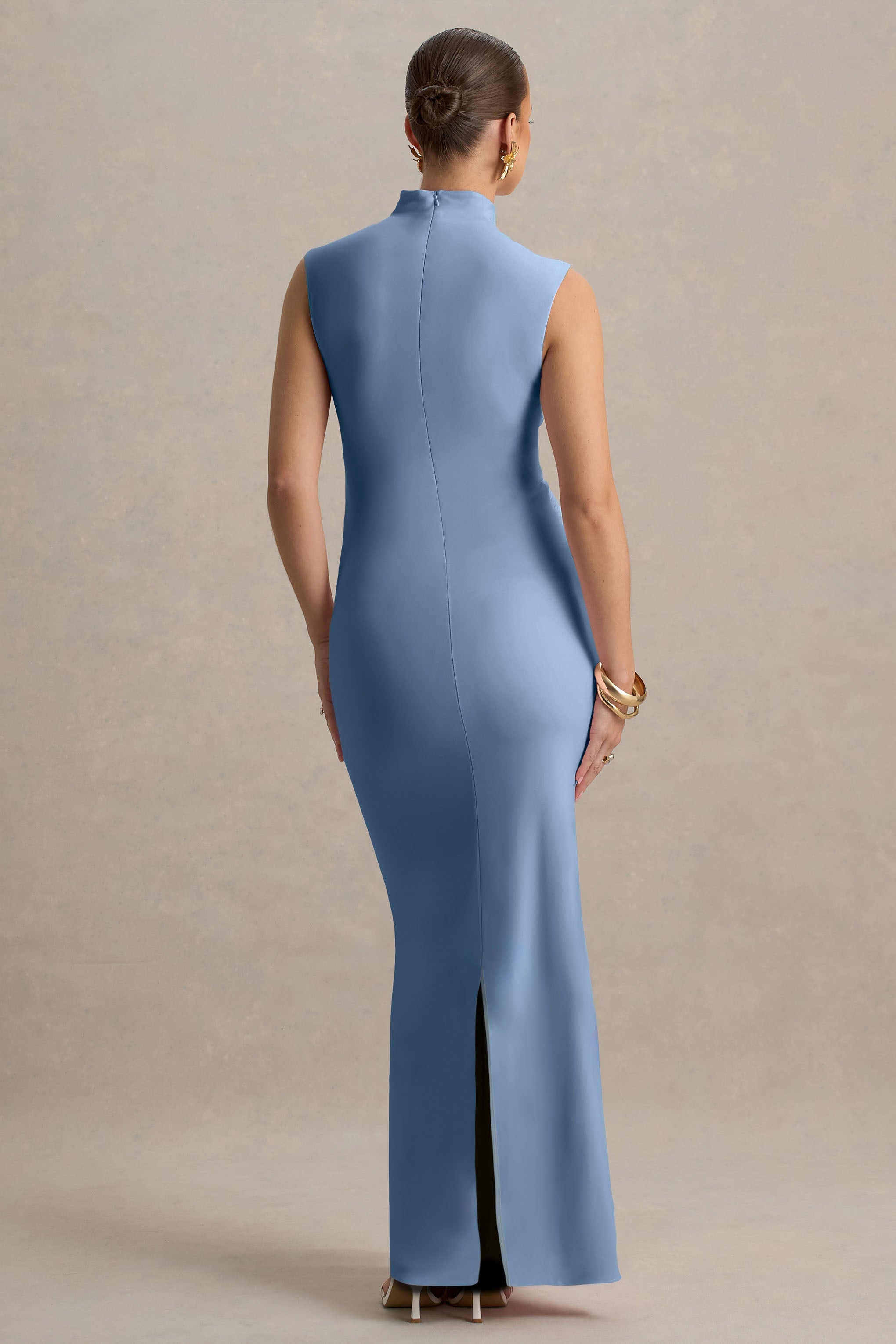Kienna | Powder Blue Ruched High-Neck Maternity Maxi Dress