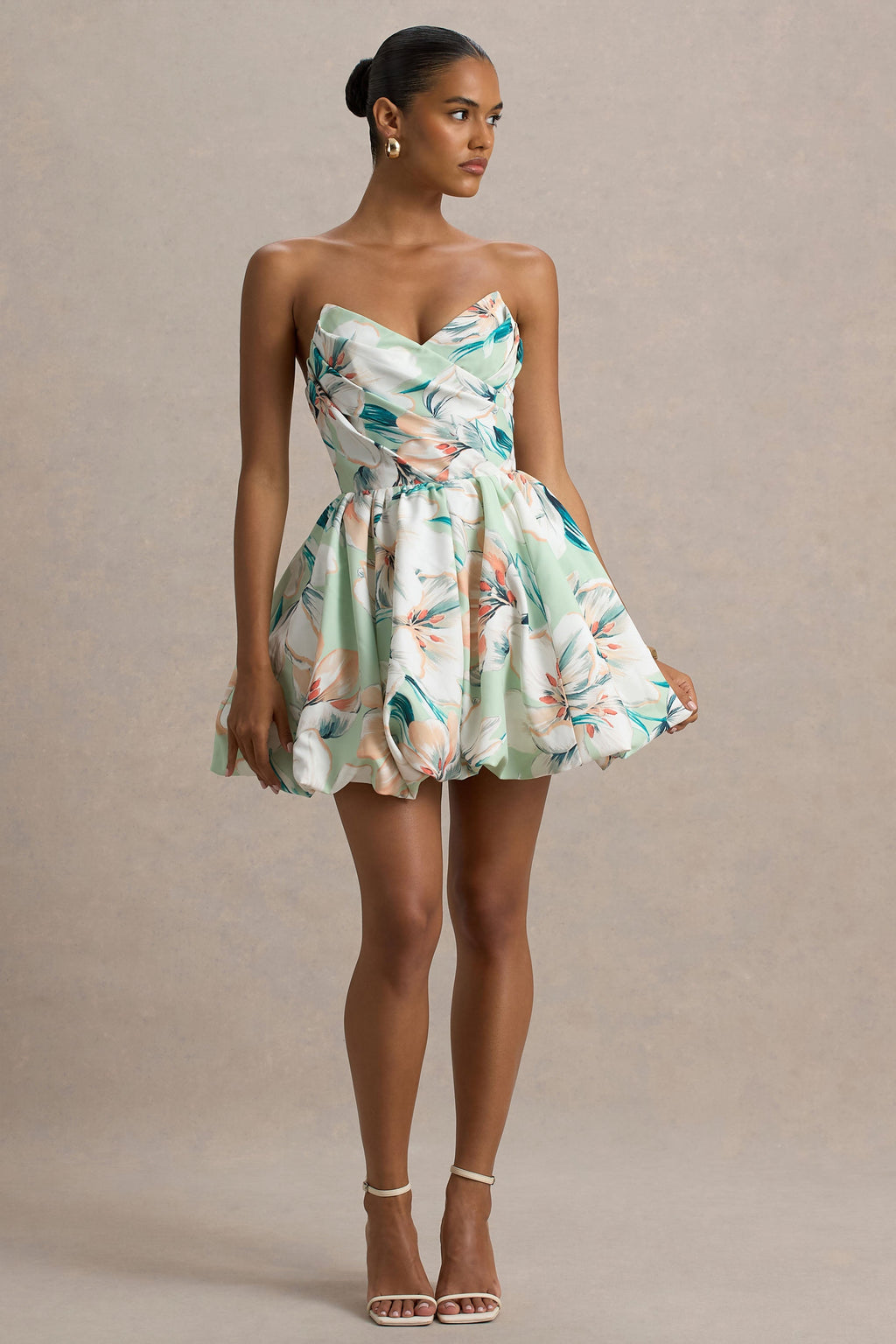 Georgie | Green Floral Print Sweetheart Puffball Mini Dress