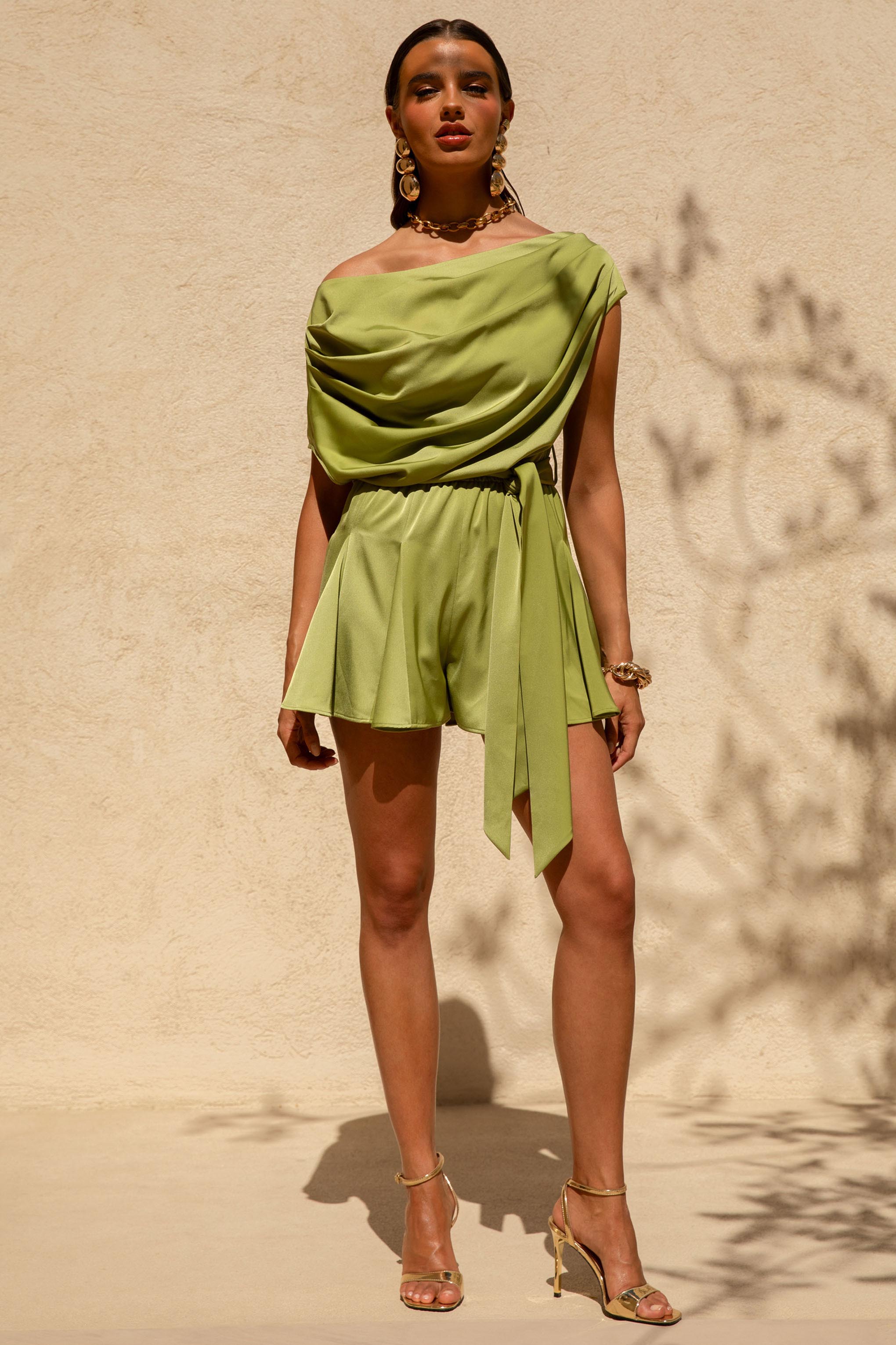 Clydie | Olive Satin Asymmetric Playsuit With Tie-Waist