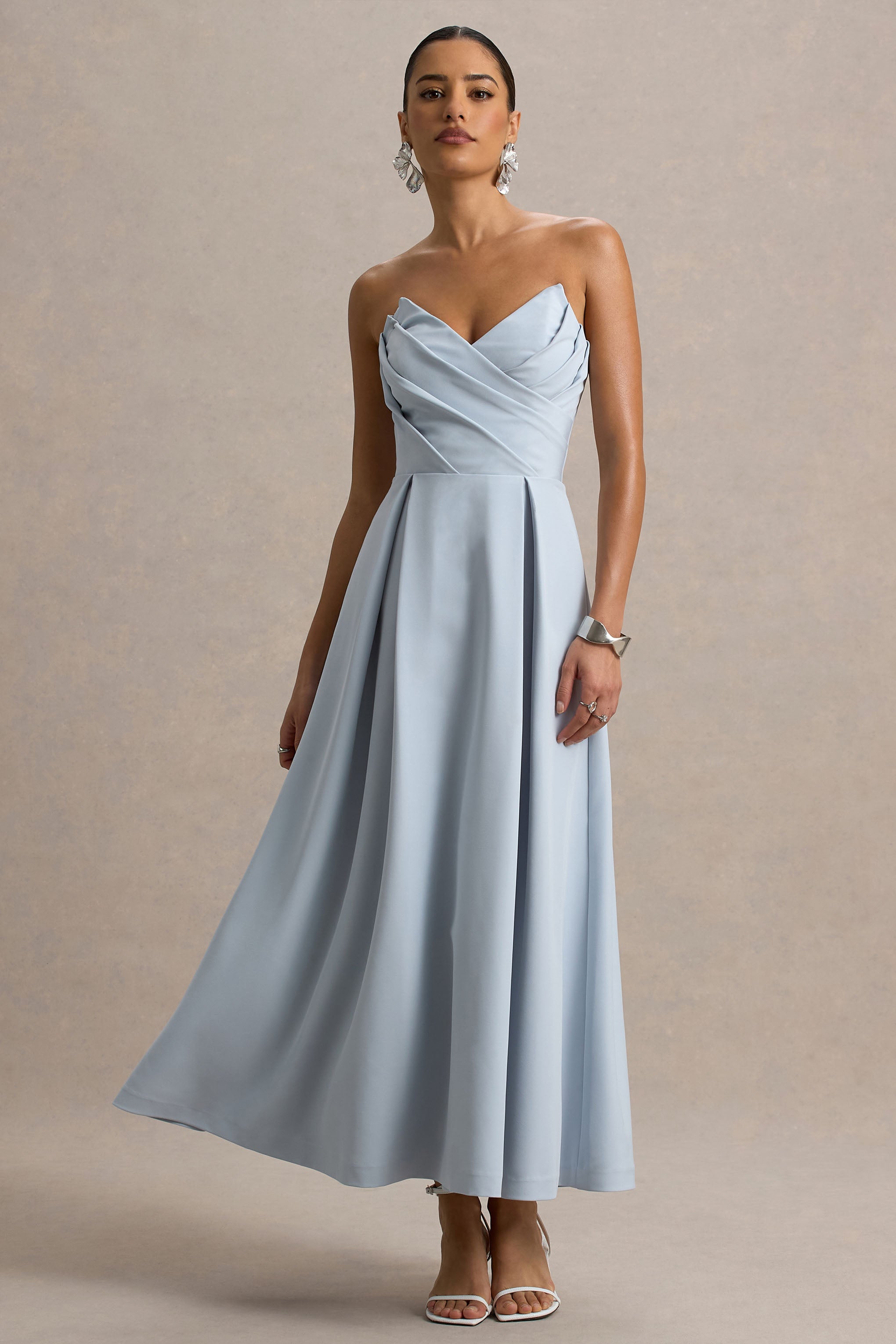 Reigning Beauty | Powder Blue Sweetheart Midi Dress With Volume Hem