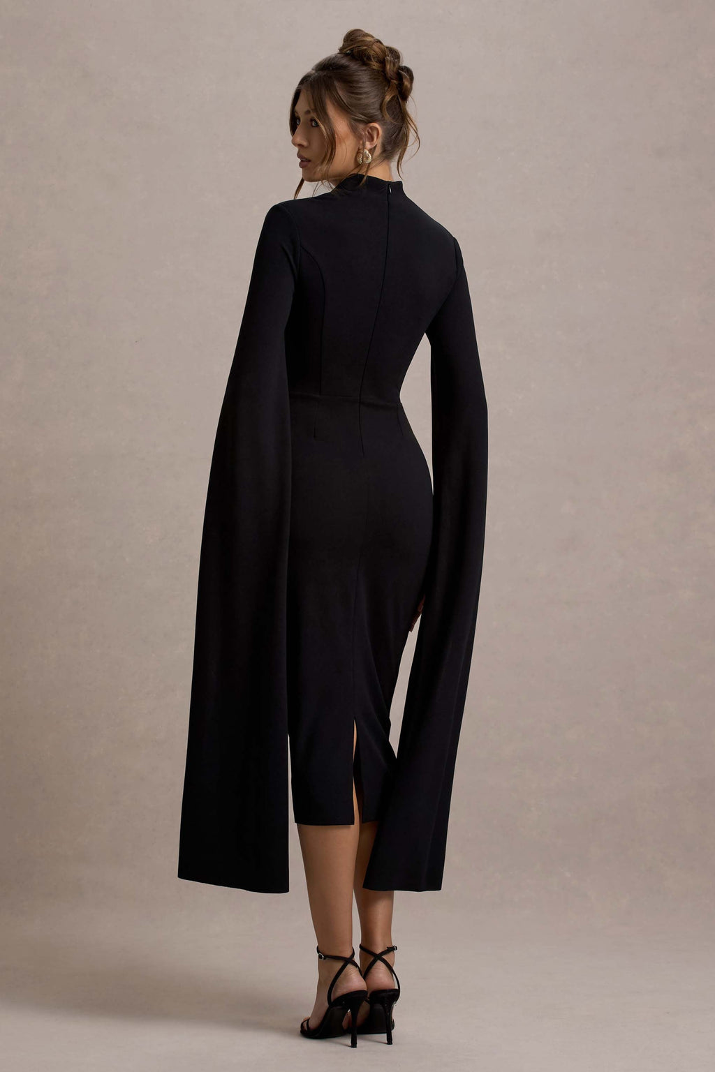 Linden | Black Bodycon Cape-Sleeve Midi Dress