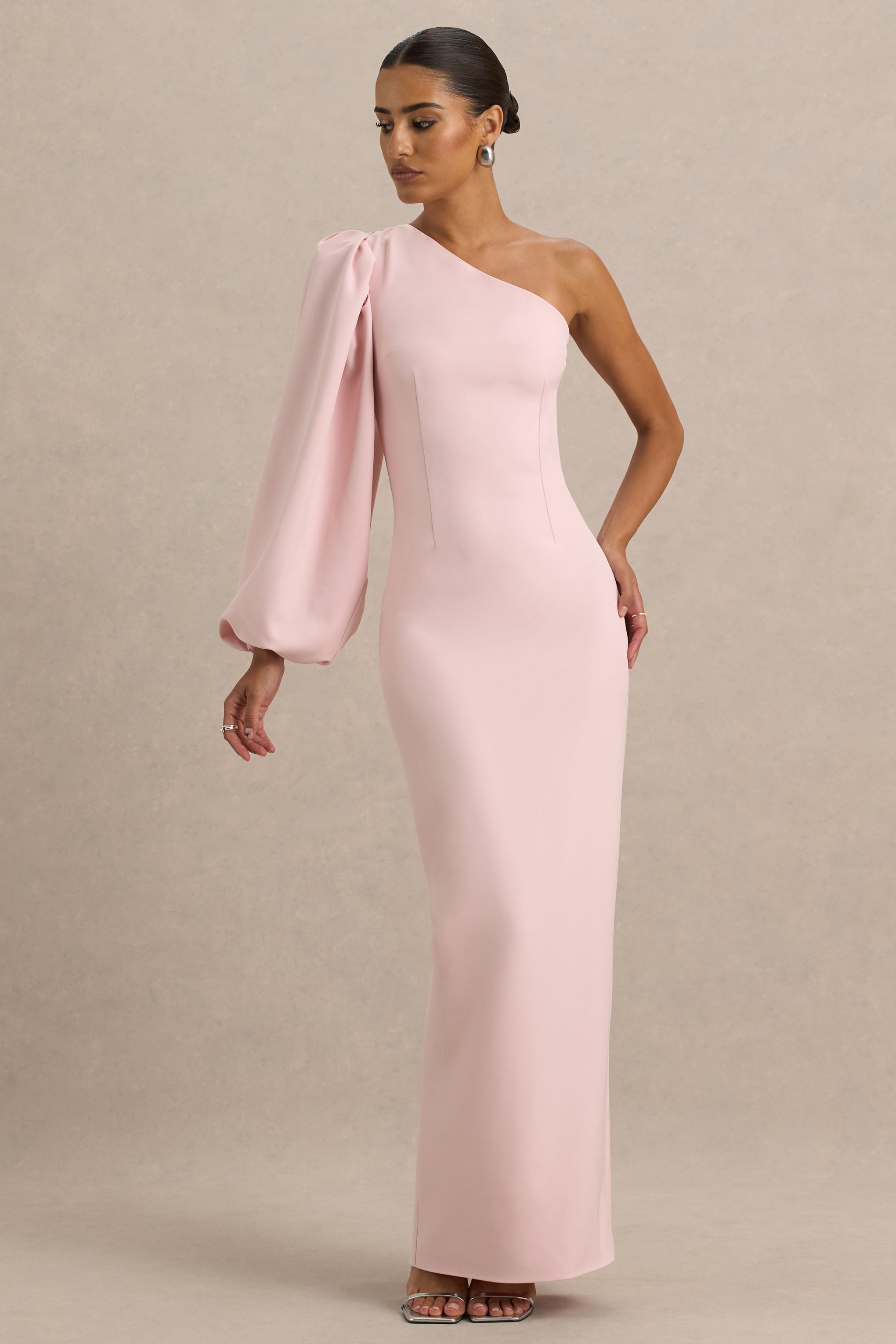 Kellis | Pink Asymmetric Maxi Dress With Balloon Sleeve