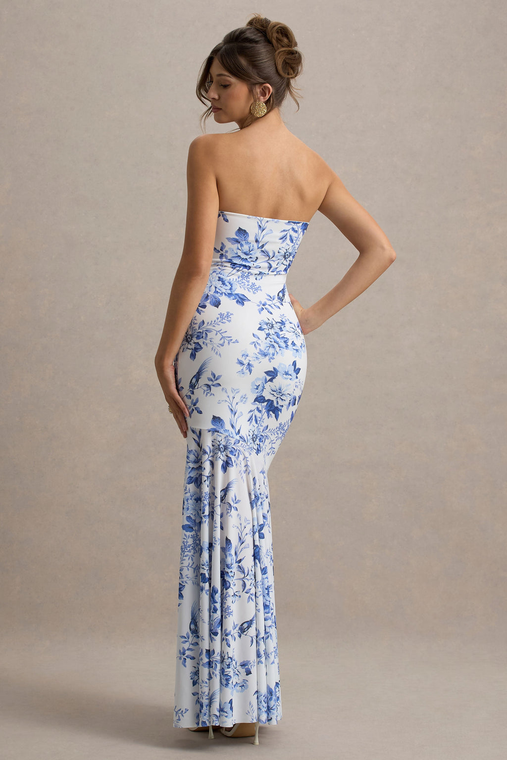 Callie | Blue Porcelain Print Bandeau Fishtail Maxi Dress