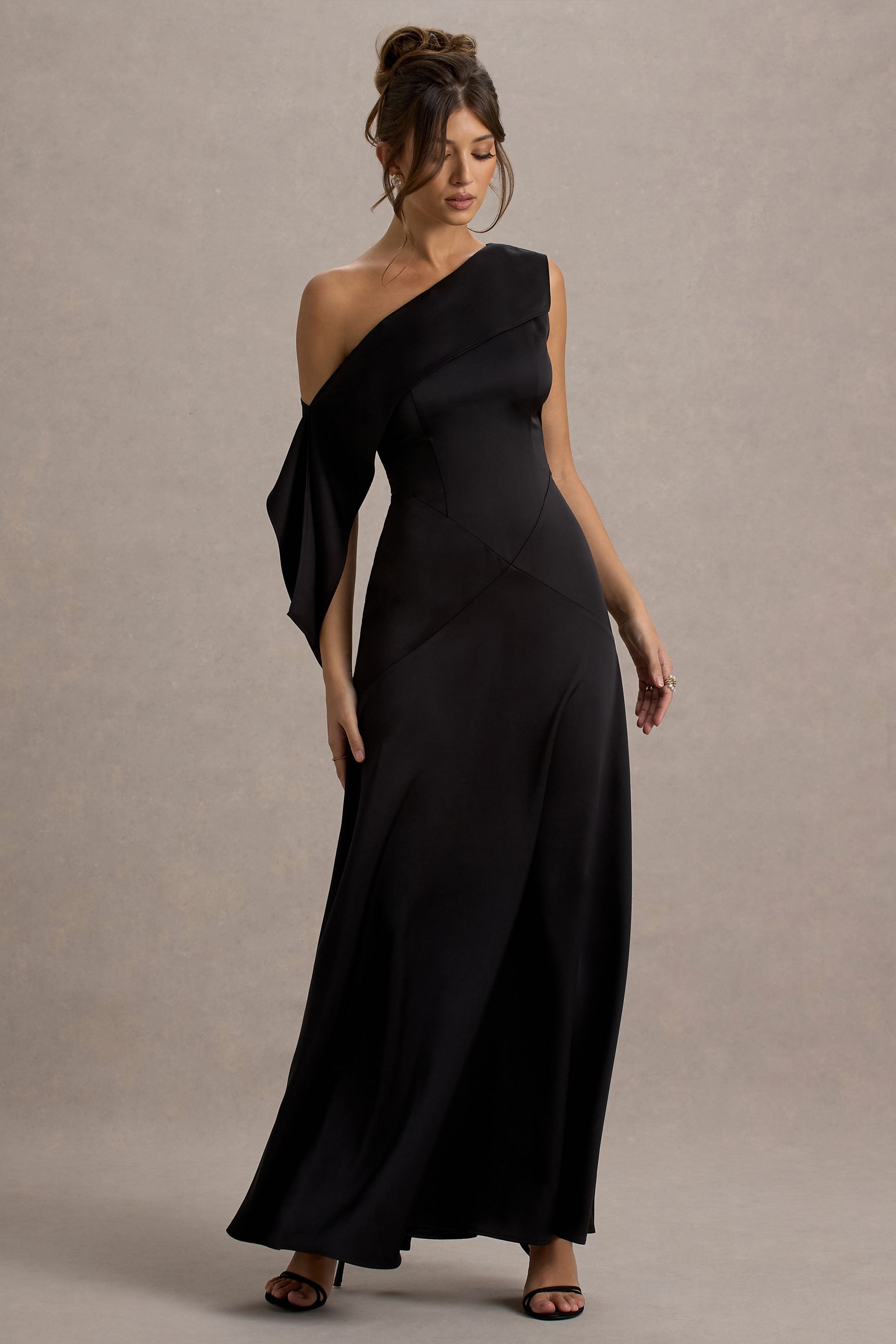 Nicola | Black Satin Asymmetric Bardot Draped Maxi Dress