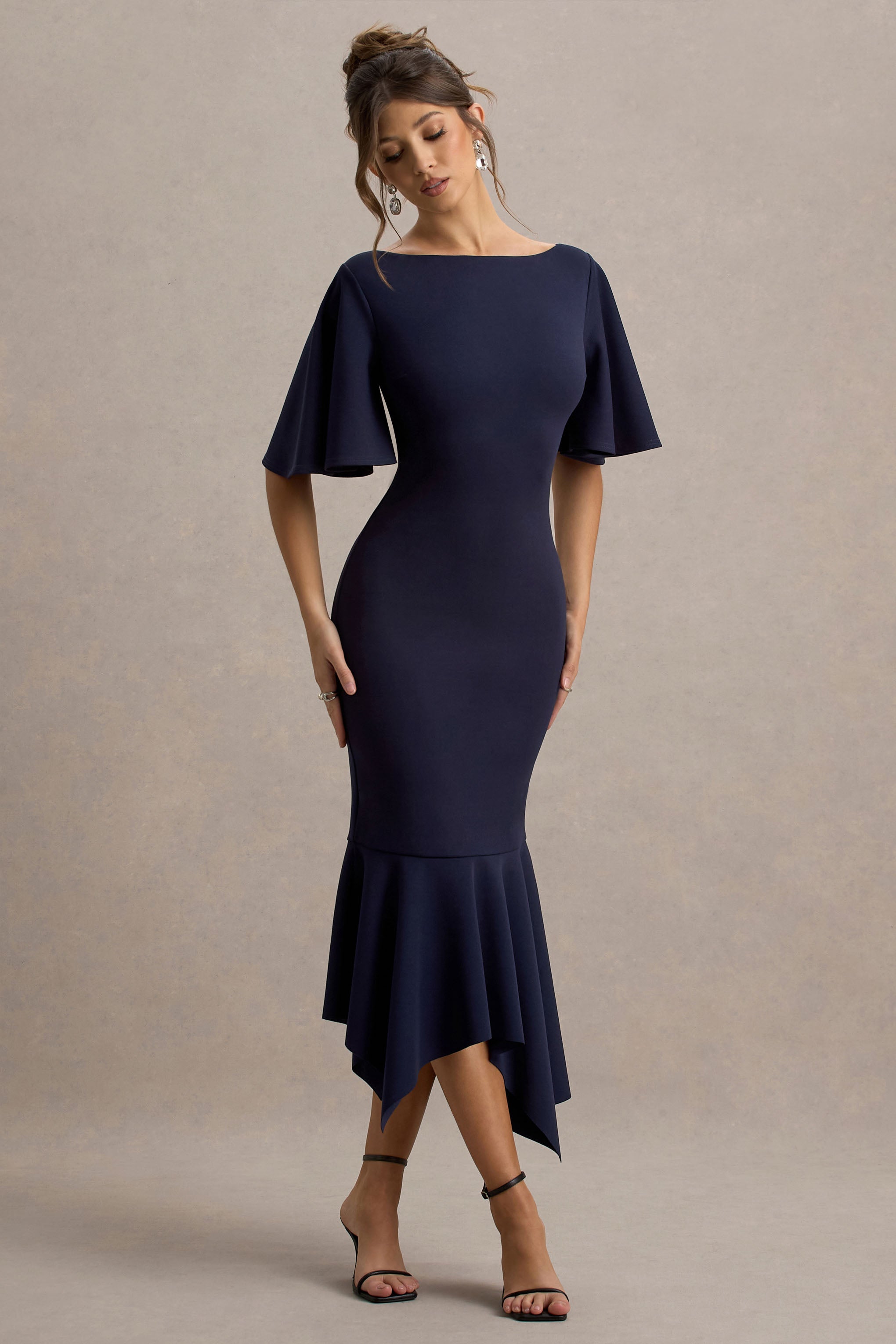 Ashling | Navy Flutter-Sleeve Hanky-Hem Midi Dress