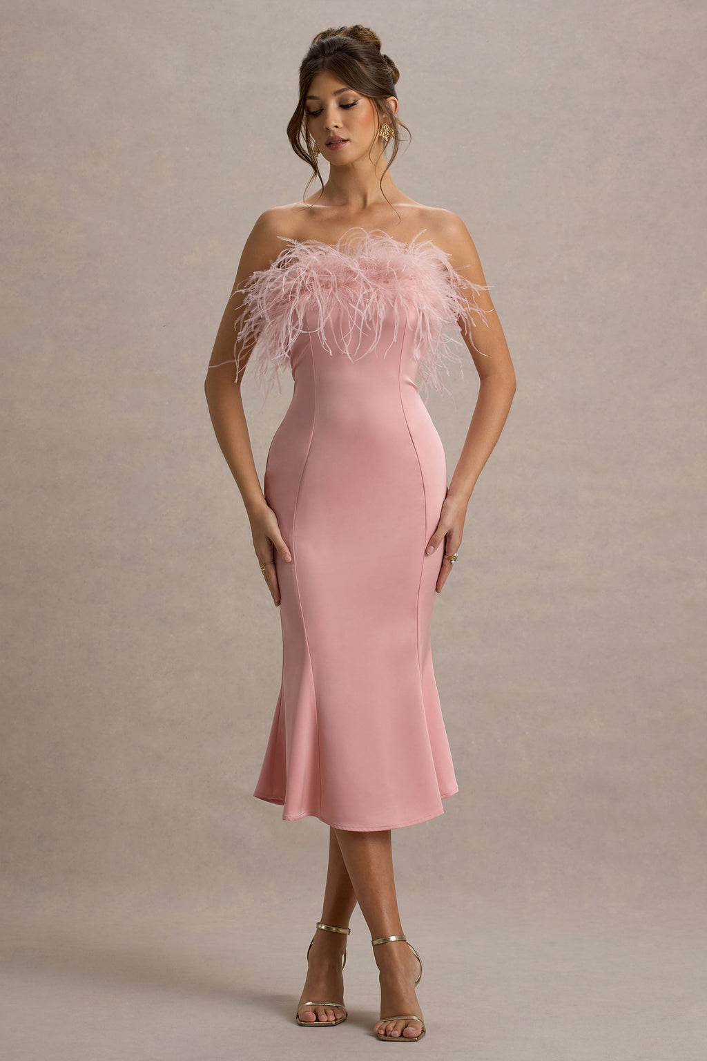 One And Only | Light Pink Satin Feather Trim Bandeau Midi Dress