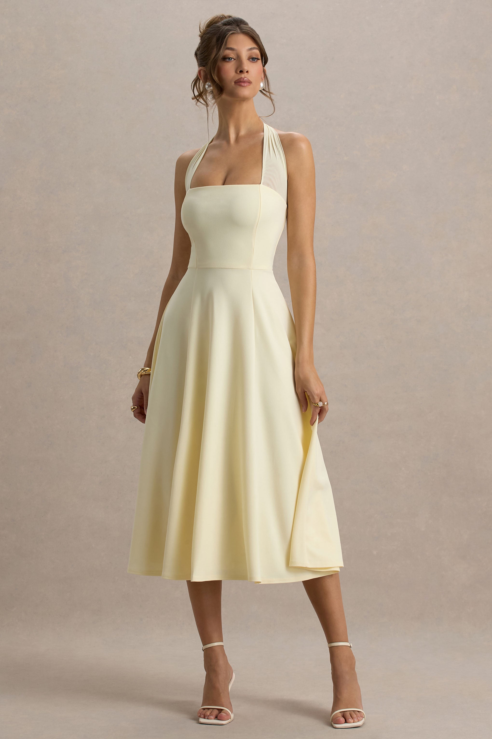 Auburn | Pale Lemon Halter-Neck Midi Dress