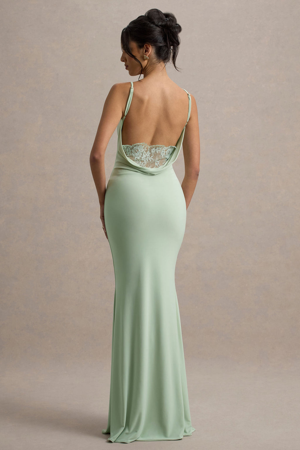 Francoise | Light Green Cowl Neck Backless Maxi Dress With Lace Insert