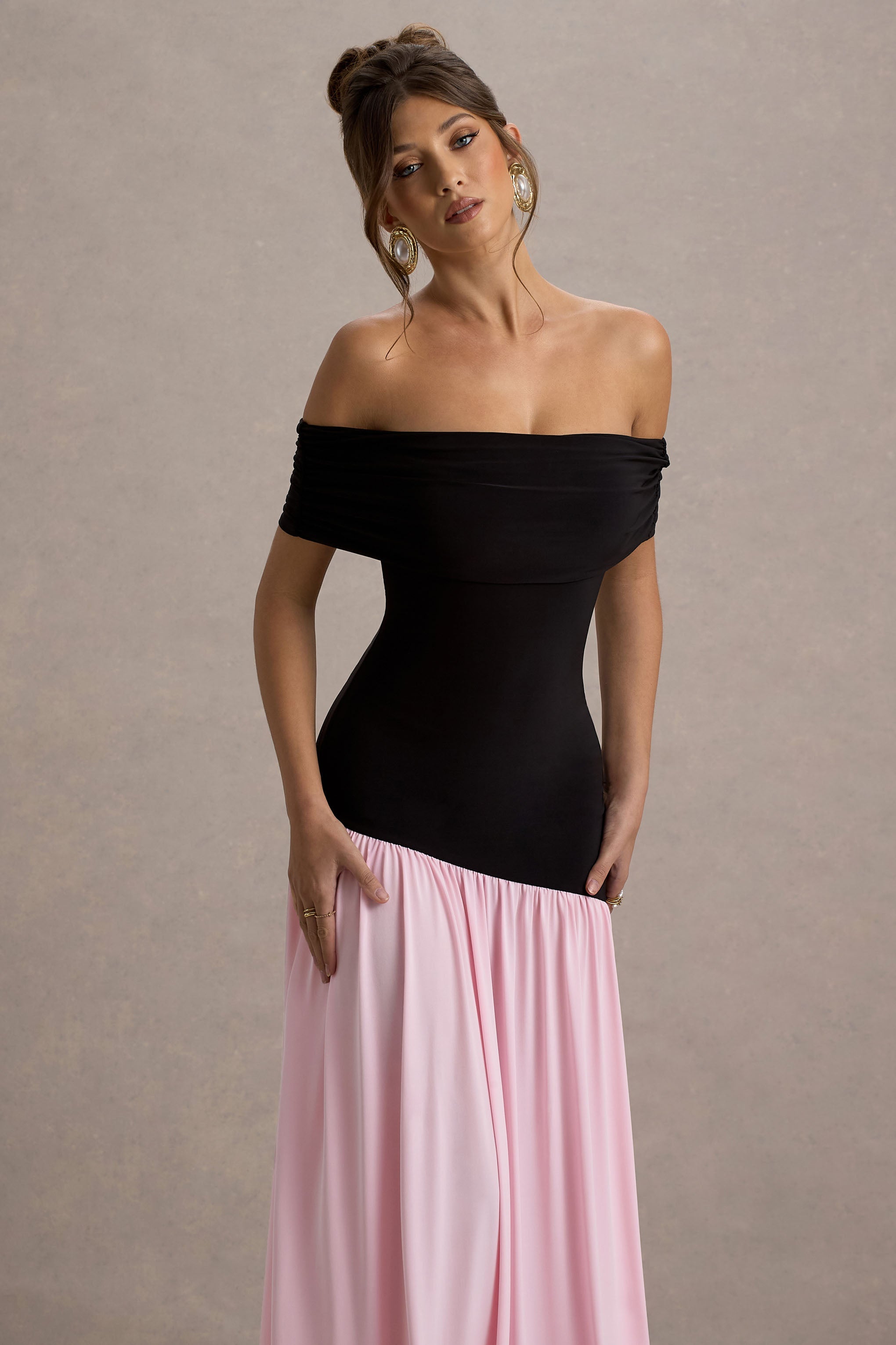 Venezia | Black & Pink Bardot Puff-Skirt Maxi Dress