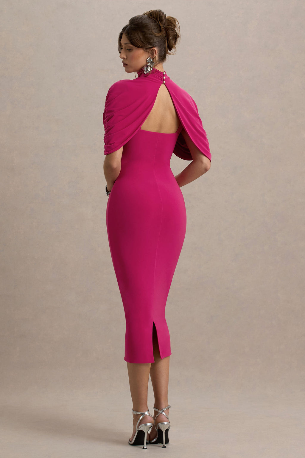 Cecille | Hot Pink Midi Dress With Cape Sleeve Detail