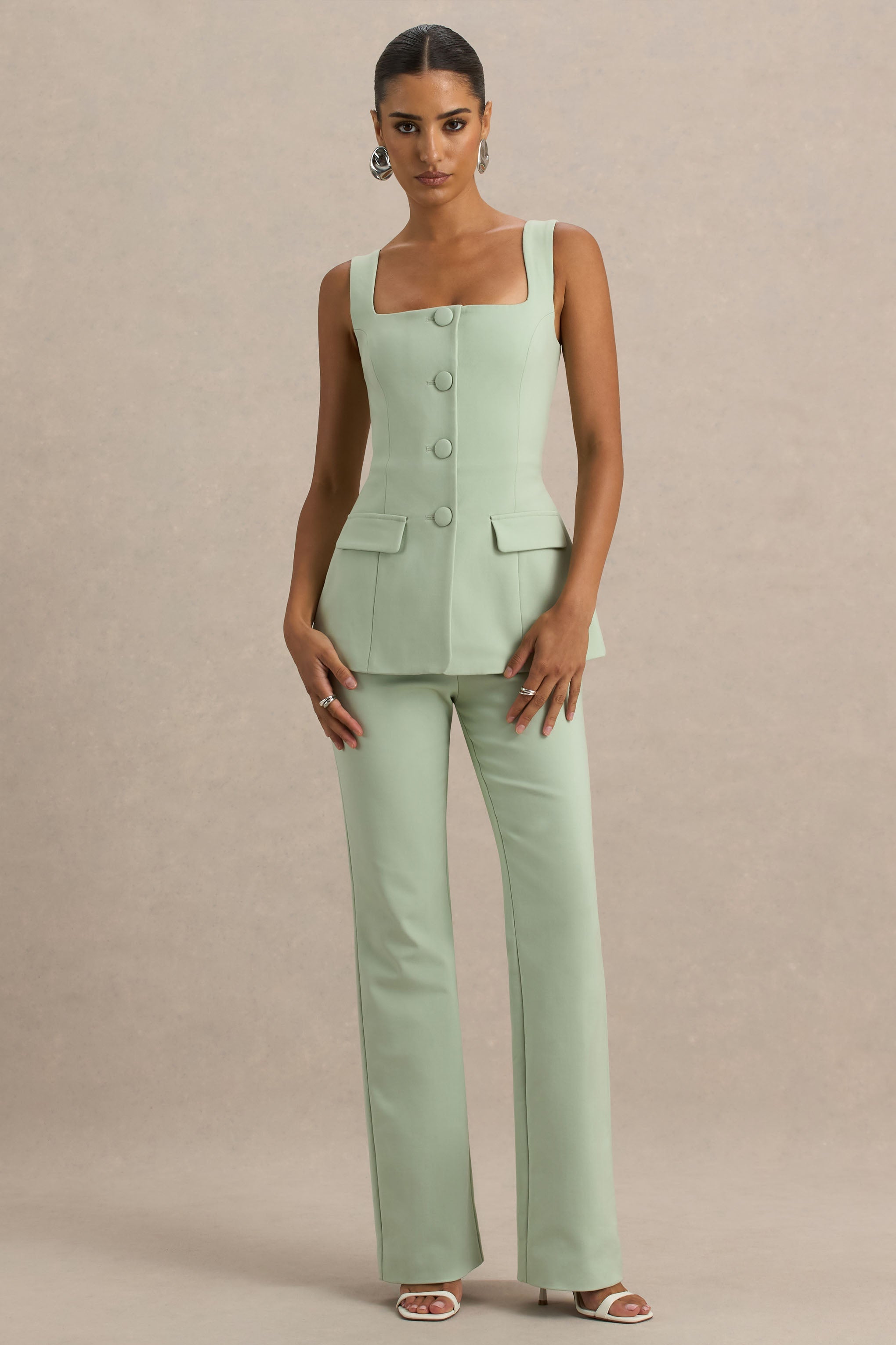 Aceline | Light Green Square-Neck Tailored Jumpsuit