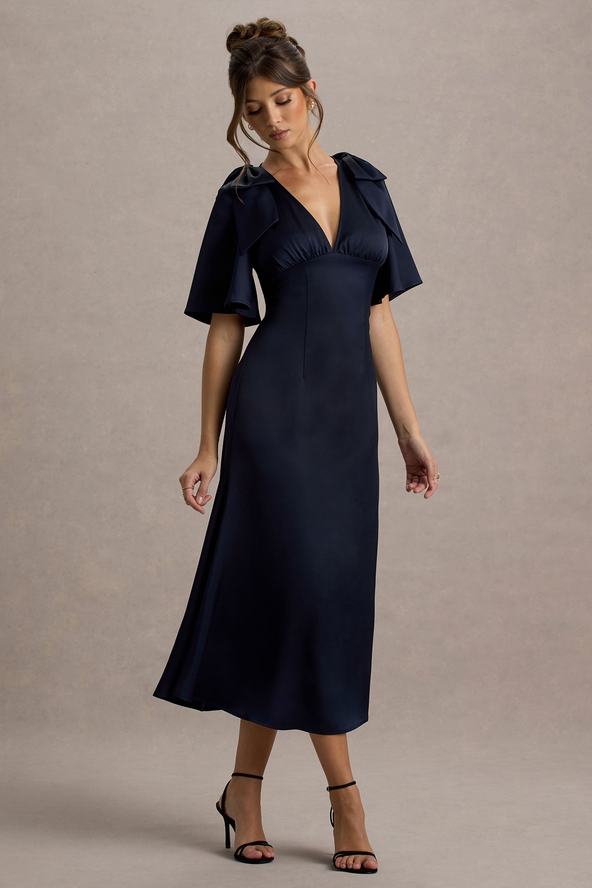 Danna | Navy Satin V-Neck Short-Sleeve Midi Dress