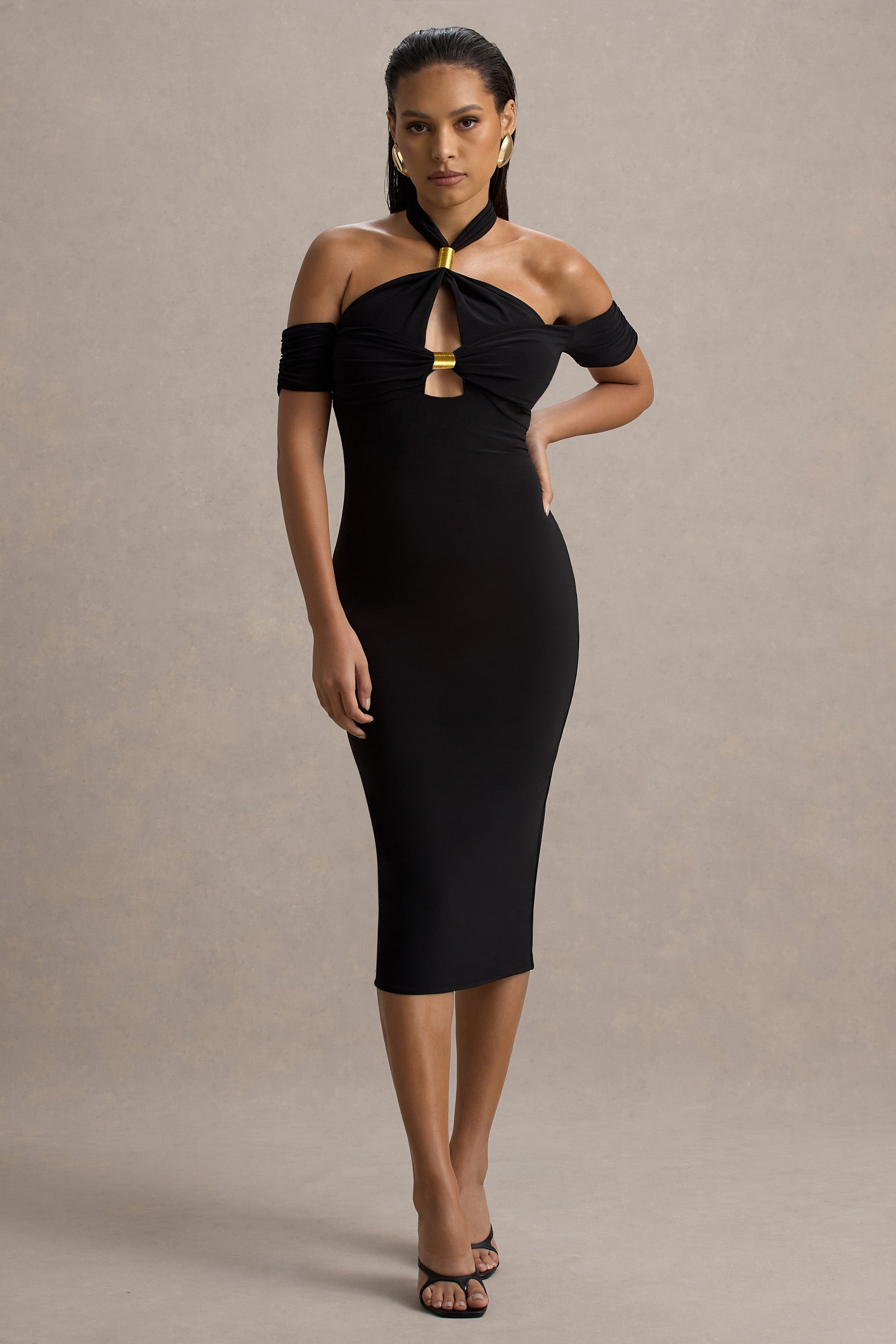 Selvina | Black Cut-Out Halter-Neck Midi Dress