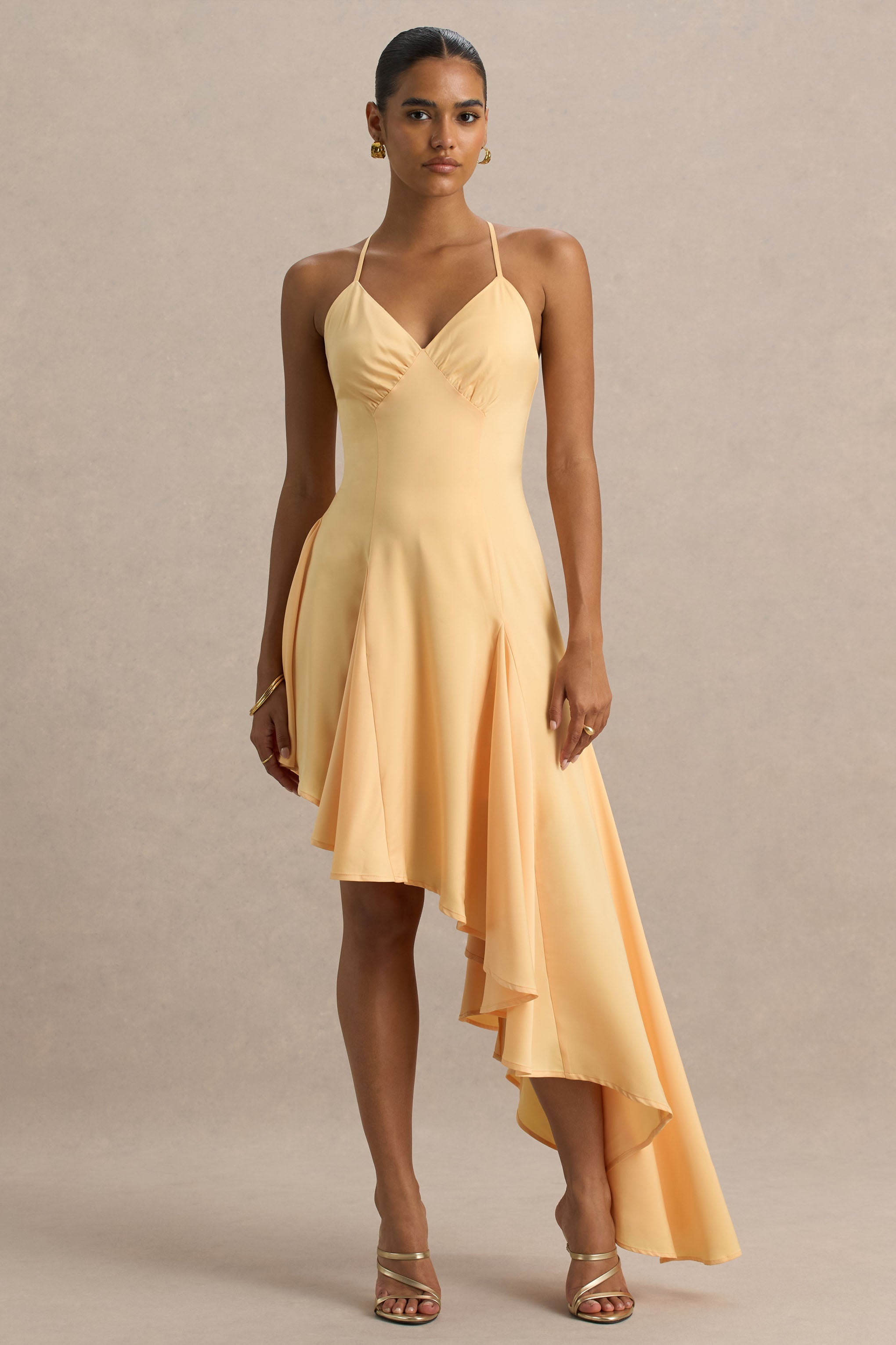 Glint | Peach Satin Plunge-Neck Maxi Dress With Asymmetric Hem