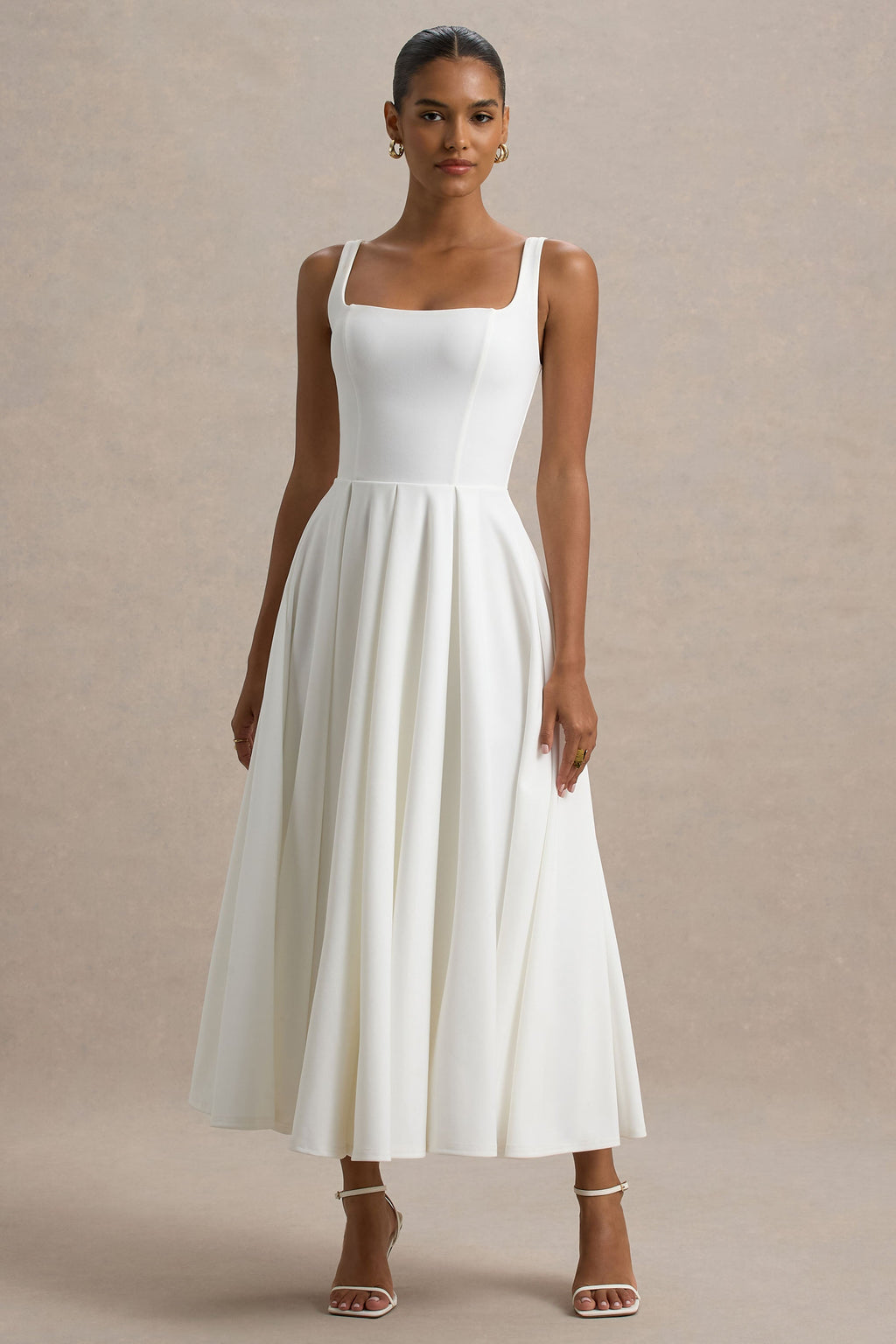 Parina | White Strappy Volume-Hem Midi Dress