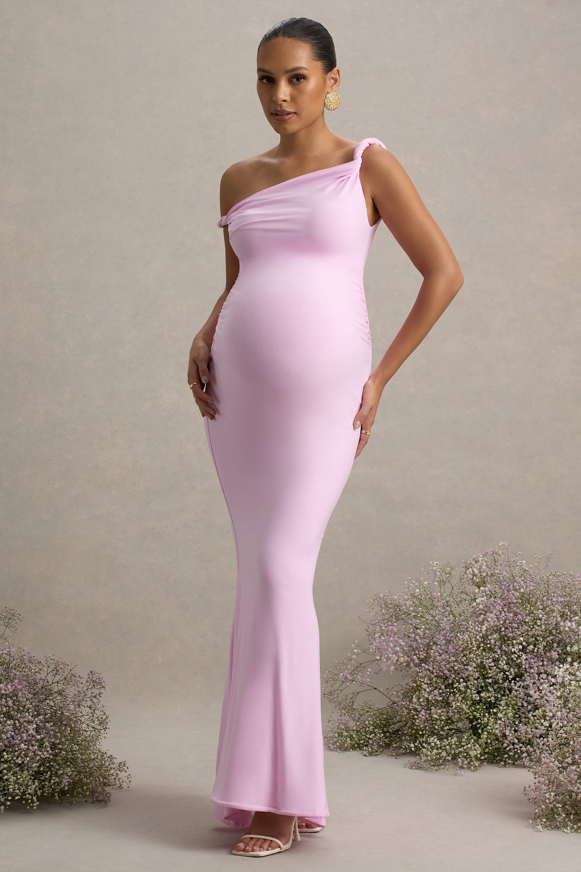 Lita | Pink Twisted Asymmetric Maternity Maxi Dress