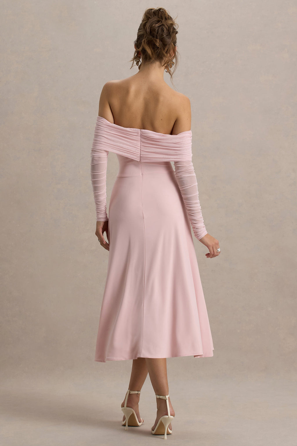 Flatter Me | Light Pink Bardot Midi Dress With Mesh Sleeves
