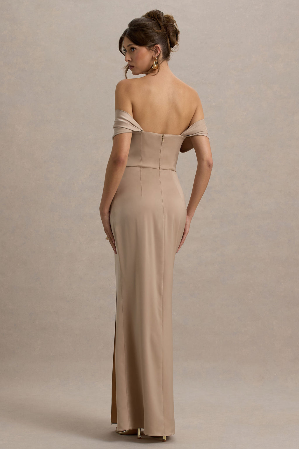 Annie | Champagne Satin Bardot Maxi Dress With Split Wrap Skirt