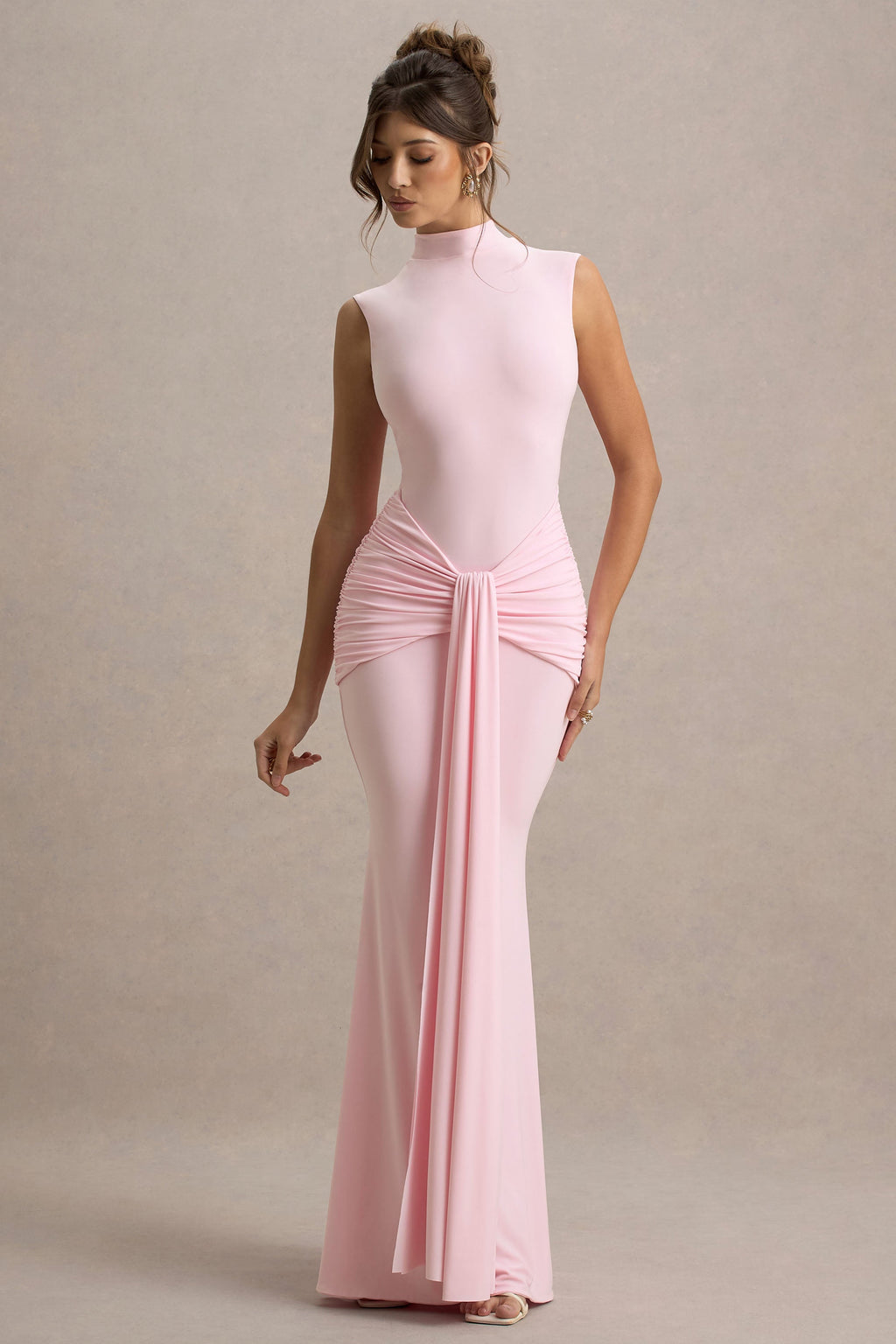 Graziana | Pink High-Neck Gathered Draped Maxi Dress