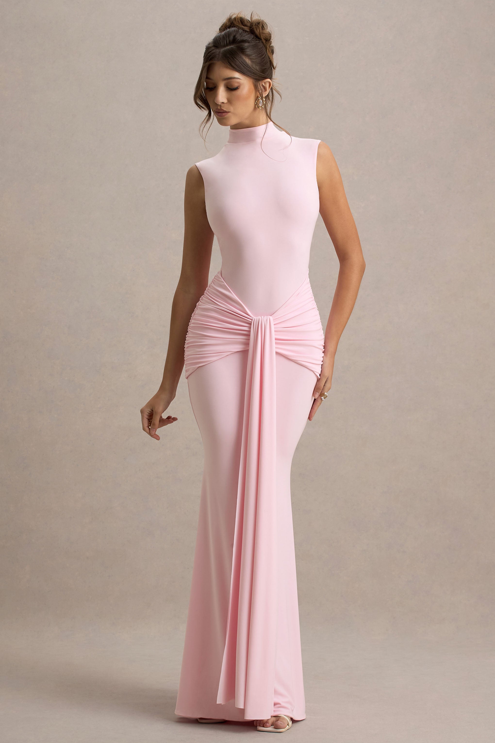 Graziana | Pink High-Neck Gathered Draped Maxi Dress
