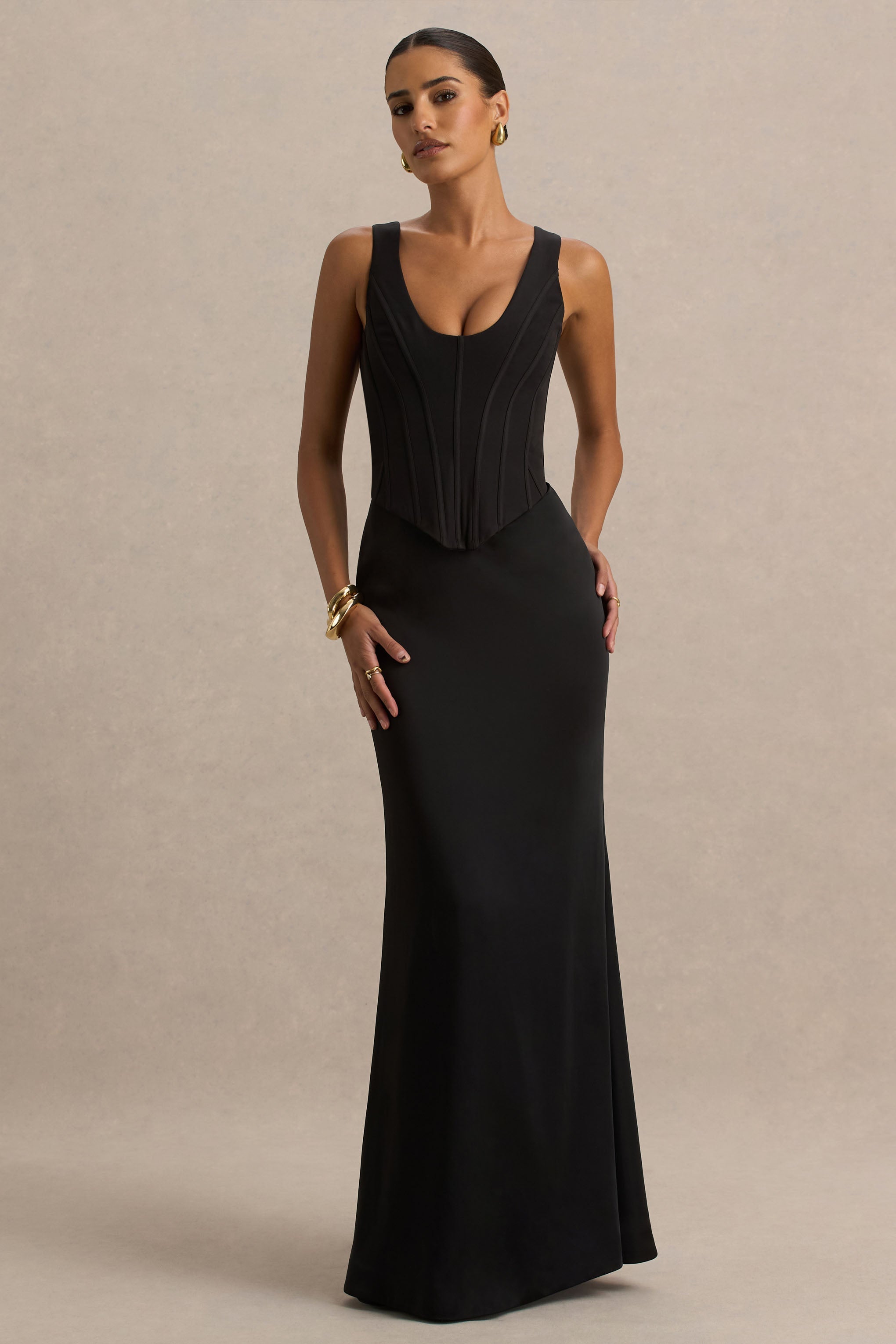 Morgan | Black Satin Corset Maxi Dress