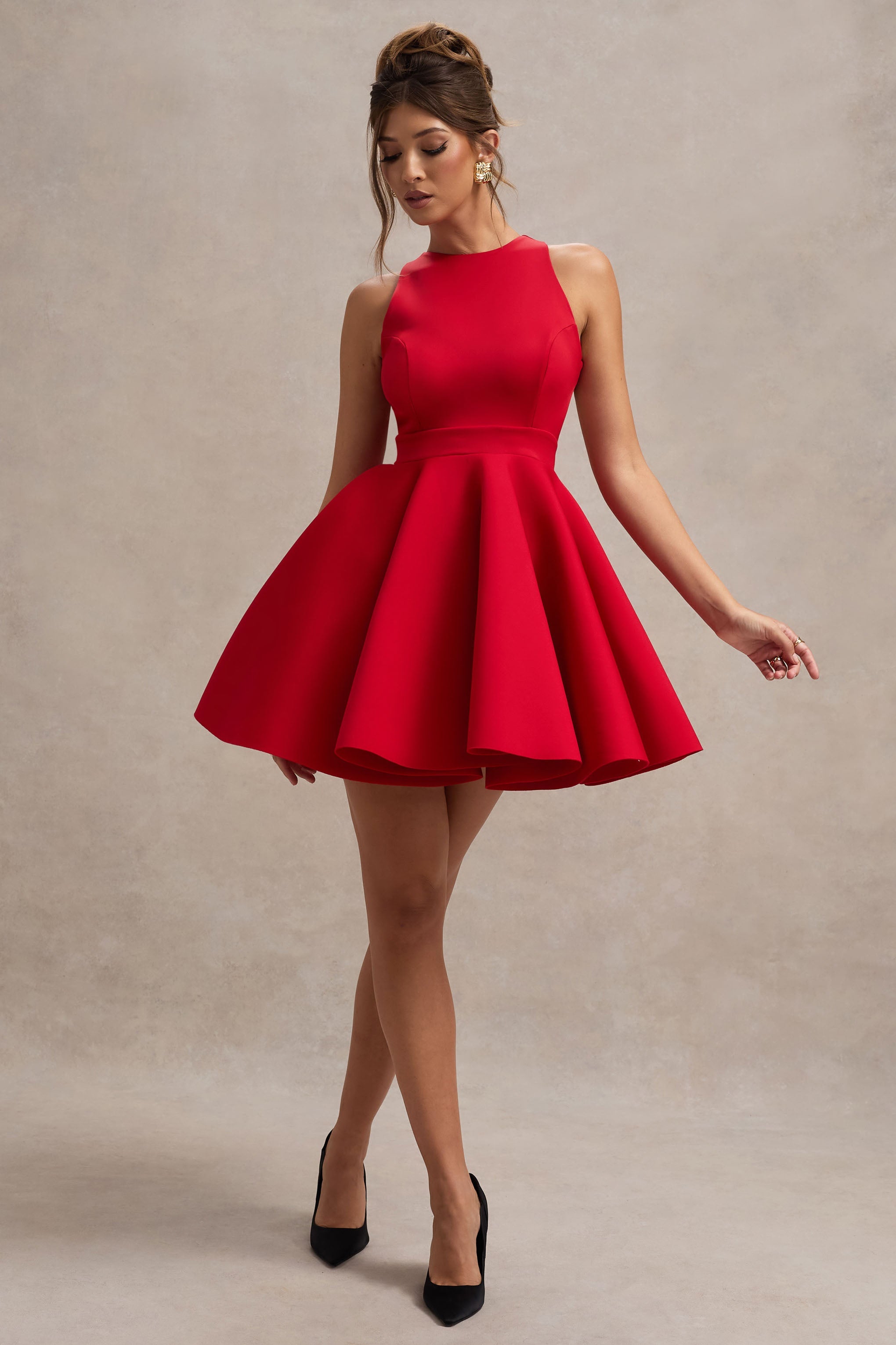 Waverly | Red Racer-Neck Sleeveless Skater Mini Dress