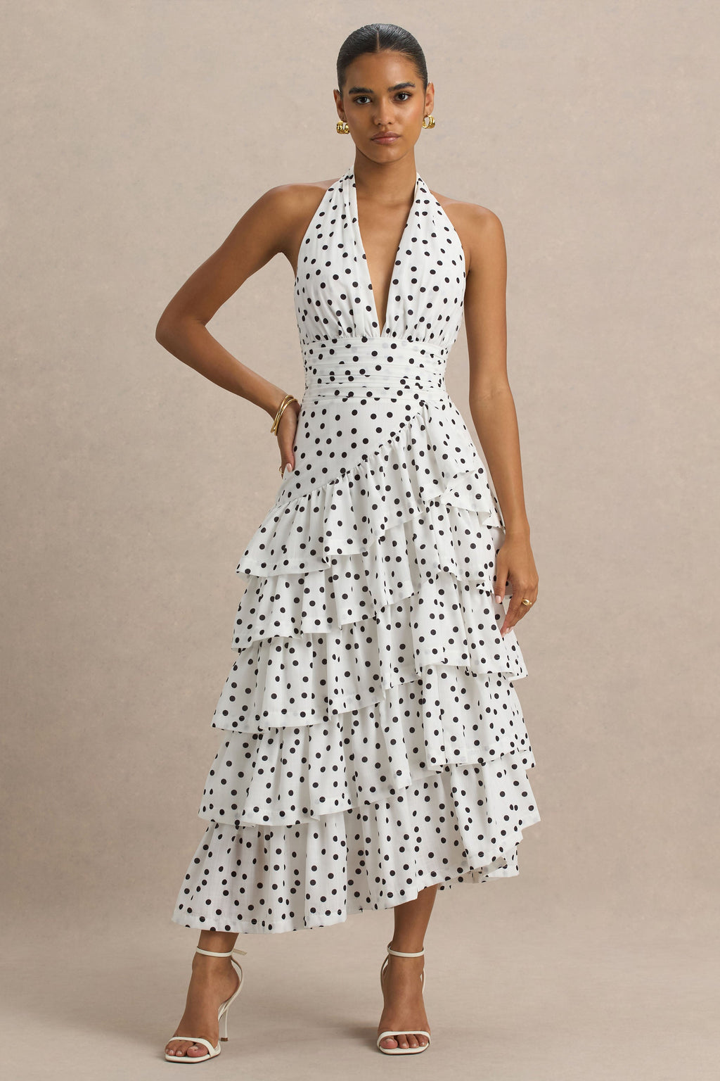 Violet | White Polka Dot Linen Midi Dress With Halter-Neck and Ruffled Skirt
