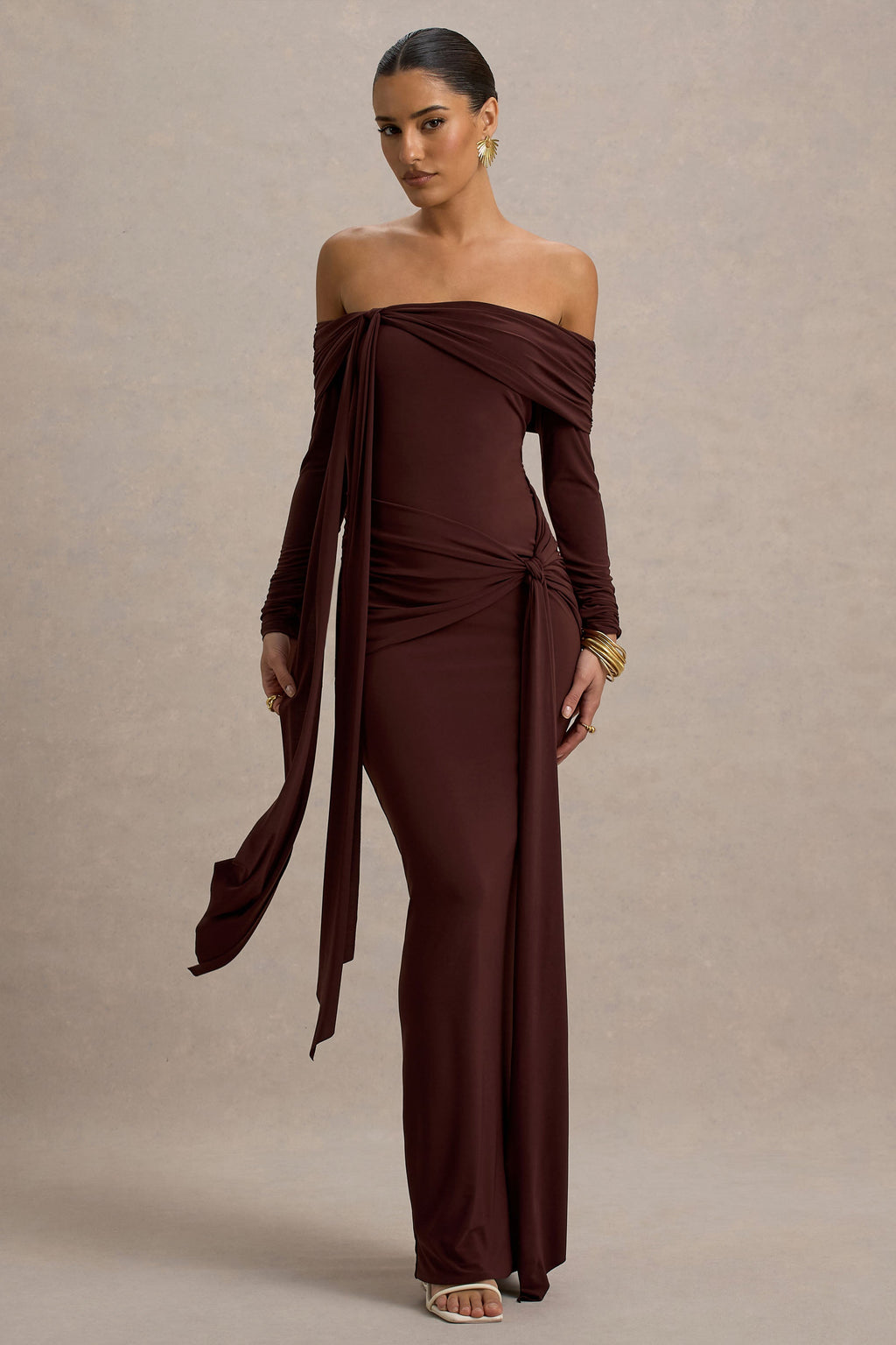 Jovie | Brown Bardot Wrap Maxi Dress With Sash Detail