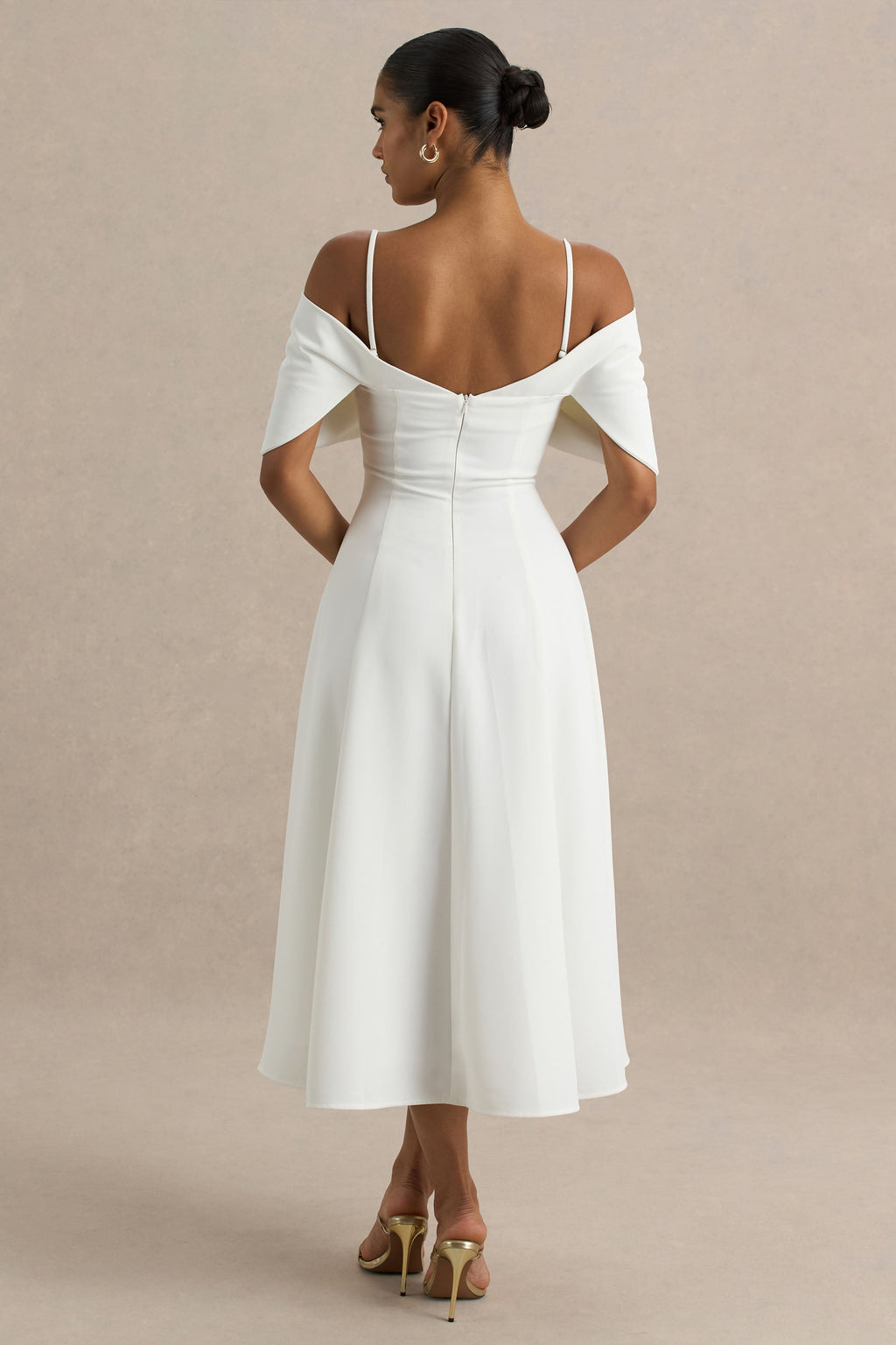 Hettie | White Short-Sleeve Bardot Midi Dress With Bow Detail