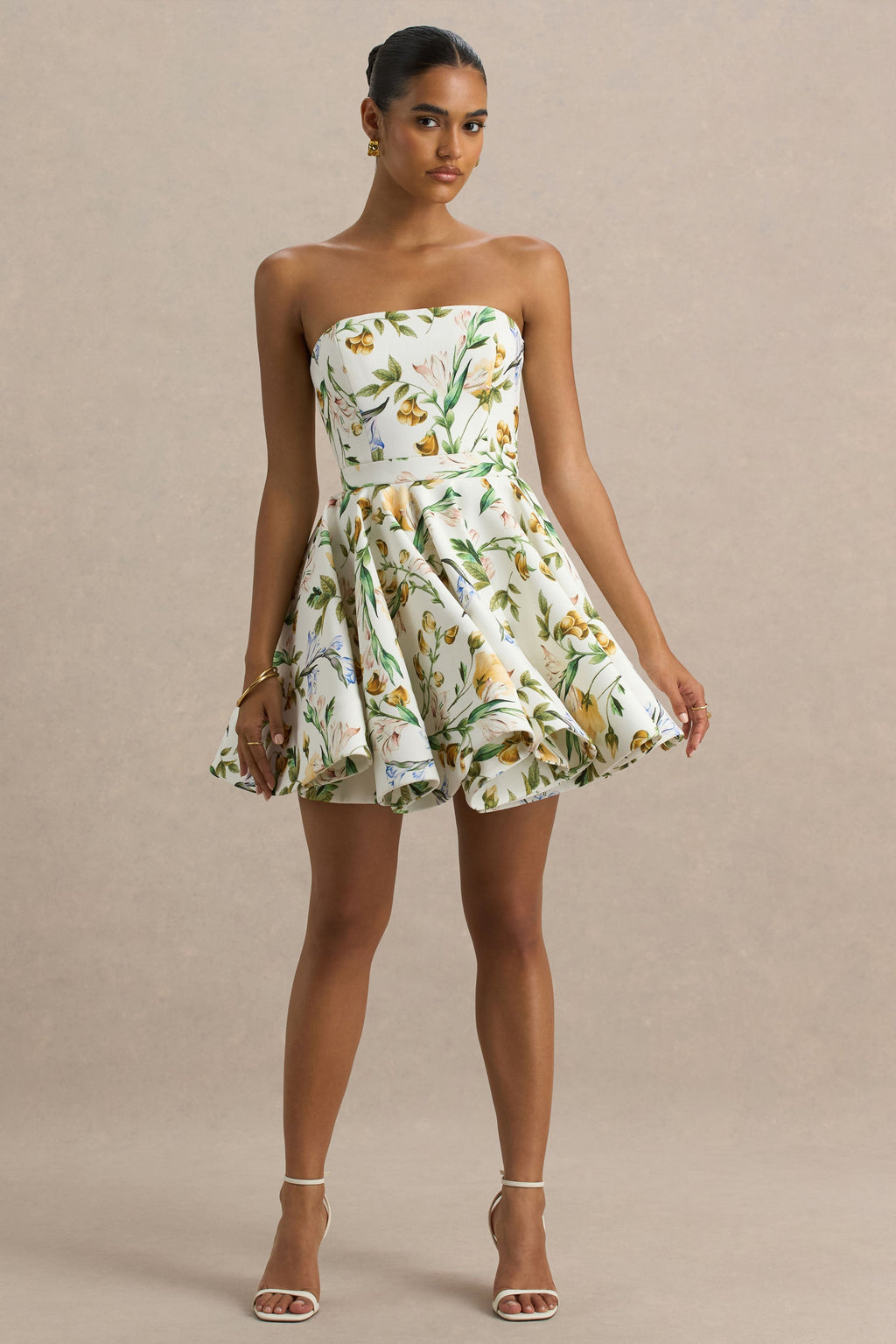 Valerian | White Botanical Print Bandeau Mini Dress With Ruffle Hem