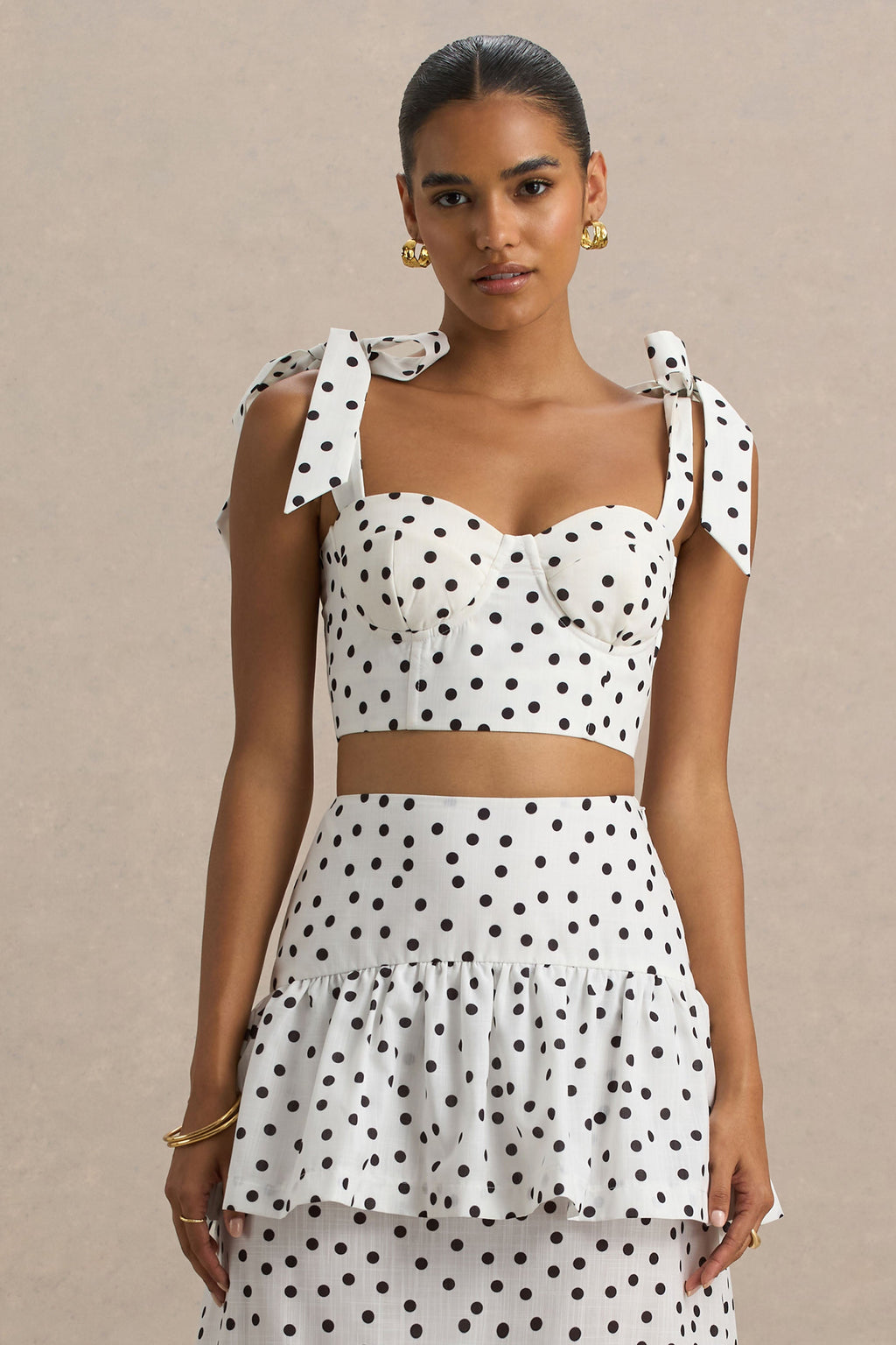 Lumen | White Polka Dot Corset Sweetheart Top With Bow Straps