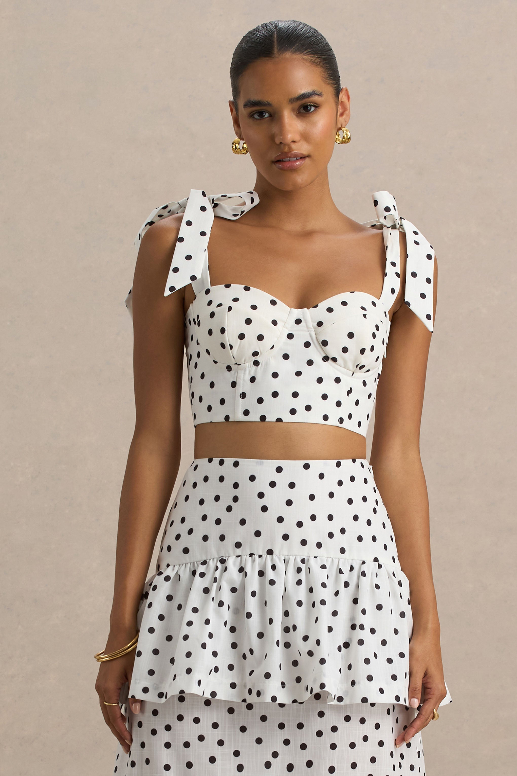 Lumen | White Polka Dot Corset Sweetheart Top With Bow Straps